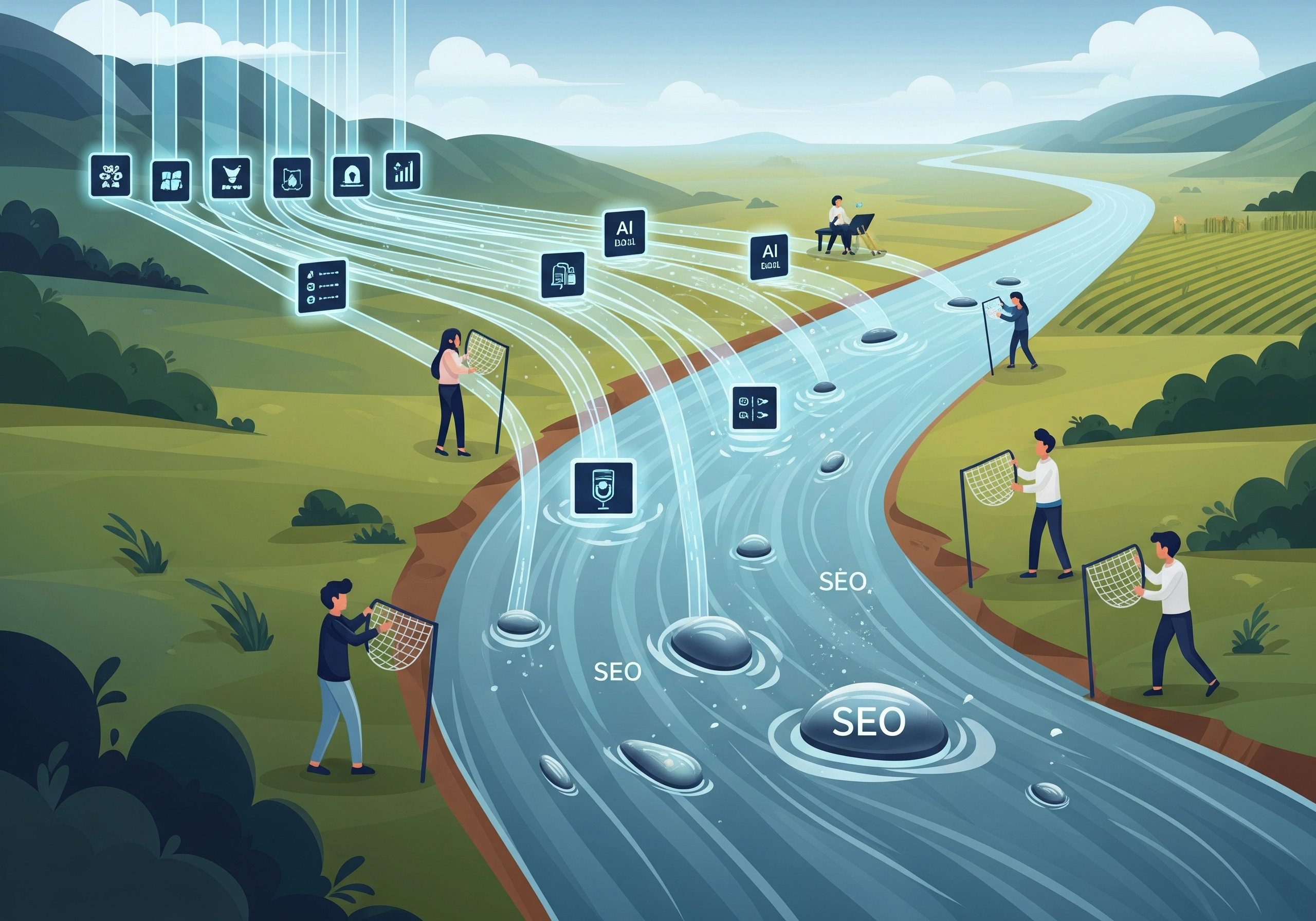 Illustration of people using nets to collect AI tools and SEO keywords from a river.
