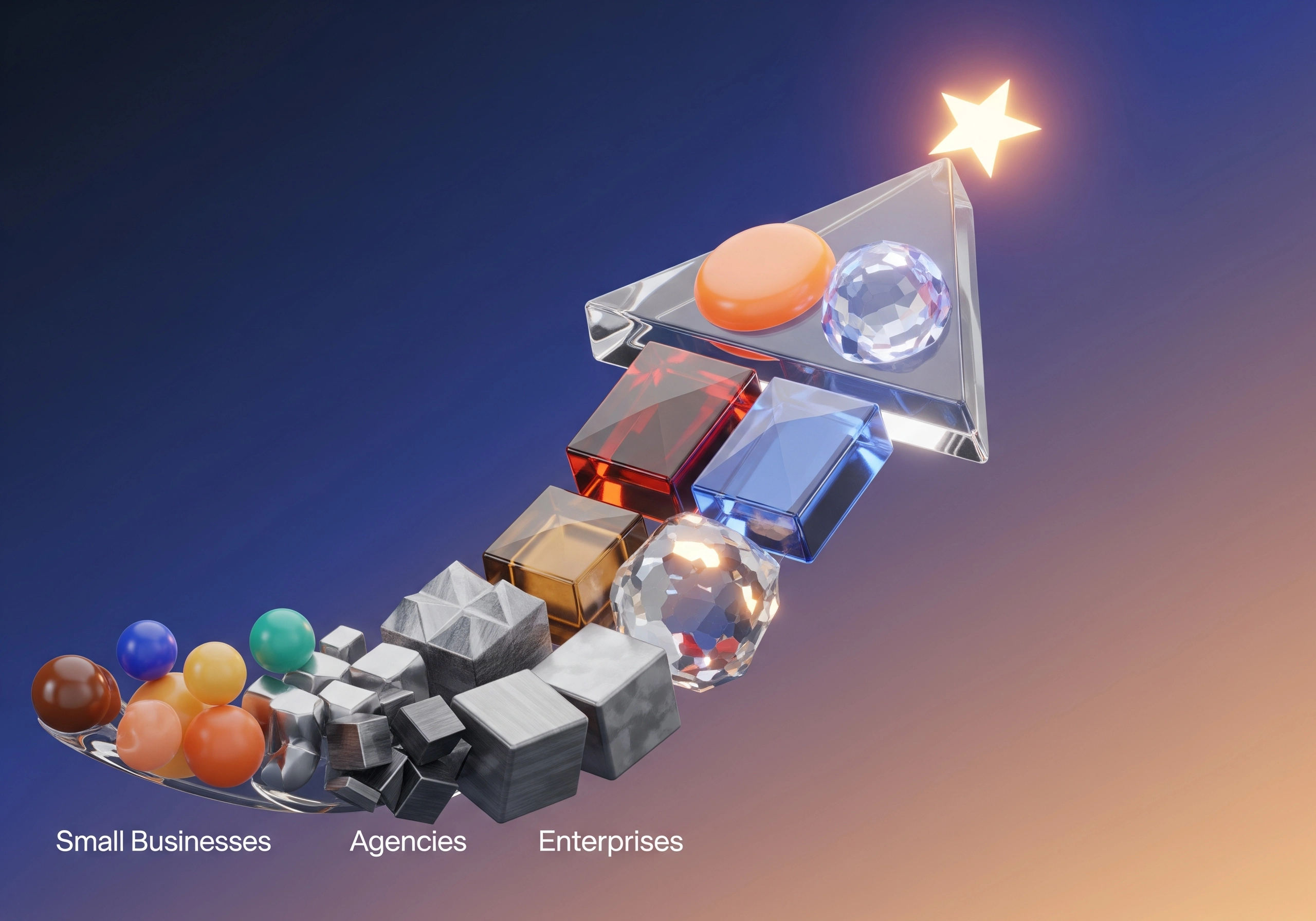 Arrow made of gems and cubes, symbolizing growth from small businesses to enterprises.
