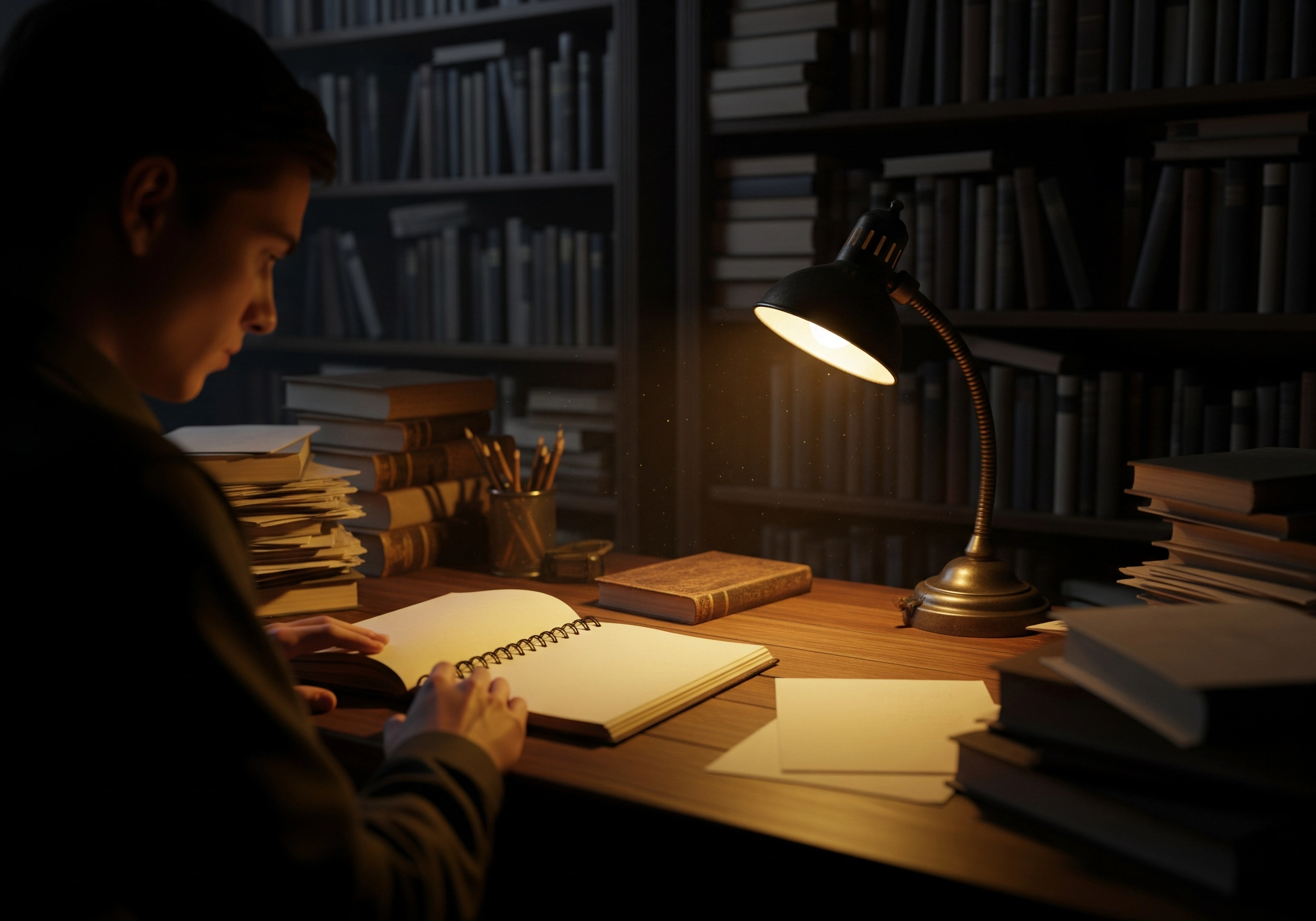 Teenager studies an open notebook under a lamp in a library.
