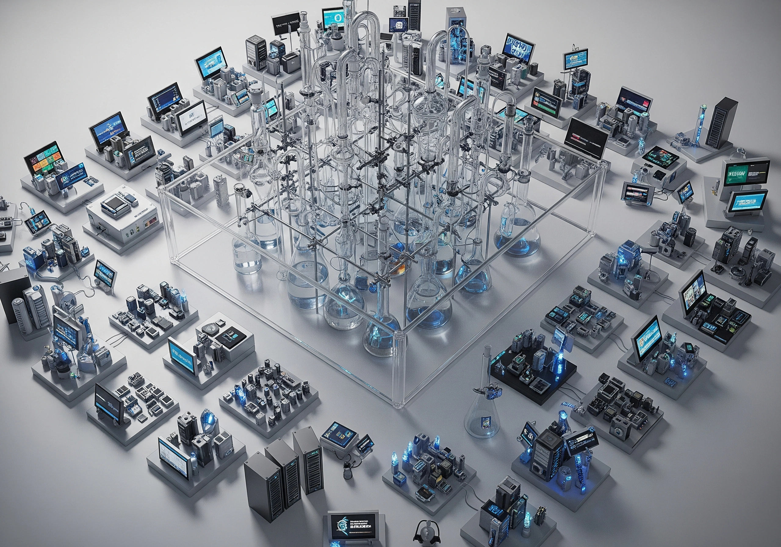 Abstract tech still life with screens, beakers, and computer parts.