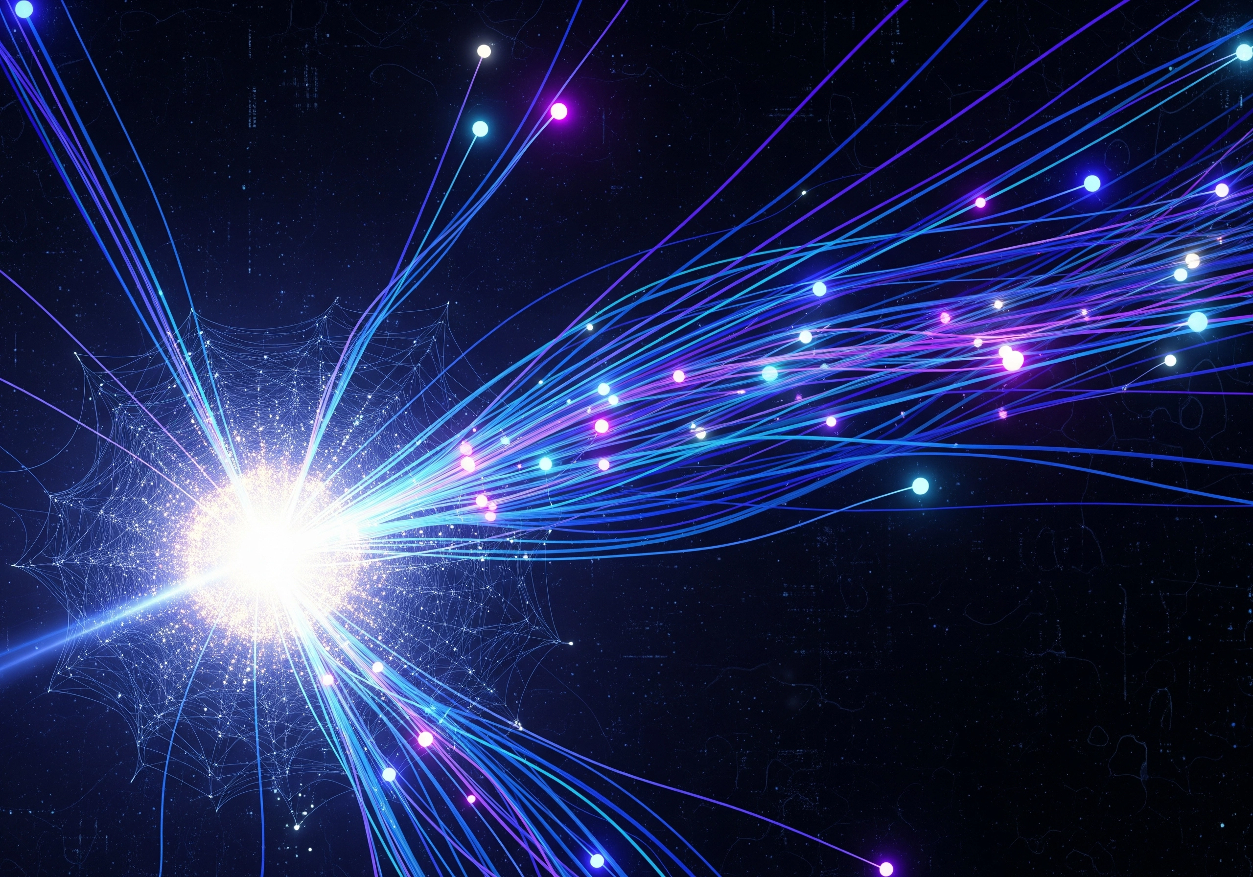Abstract: Light bursts with blue and purple data streams radiating outward.