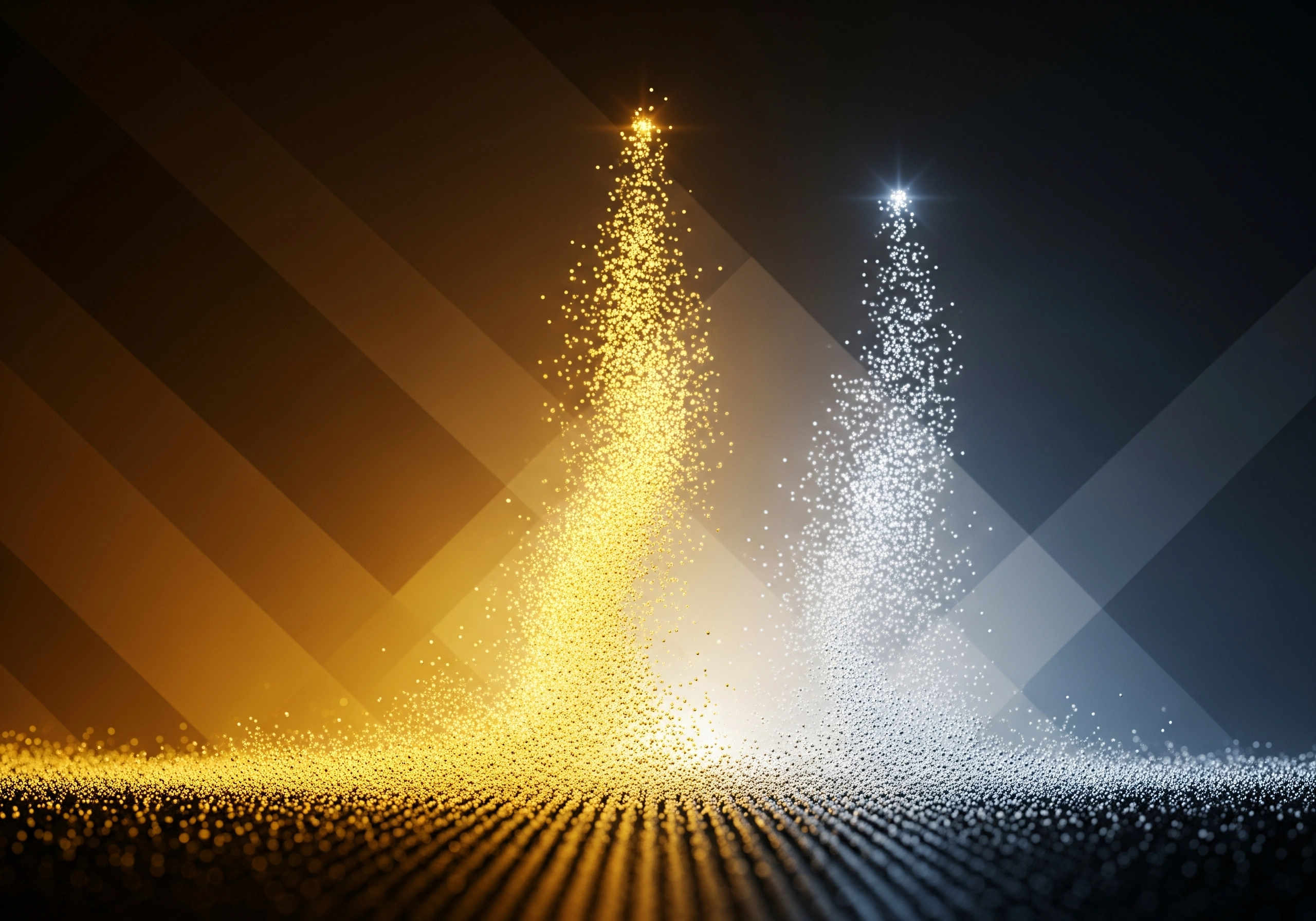 Abstract golden and silver particle streams rising from a surface.