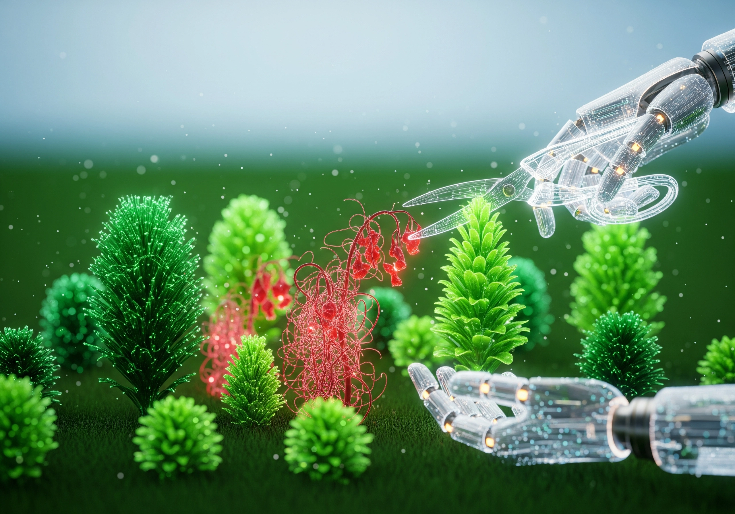 Transparent robot hand interacting with abstract trees on a green field.