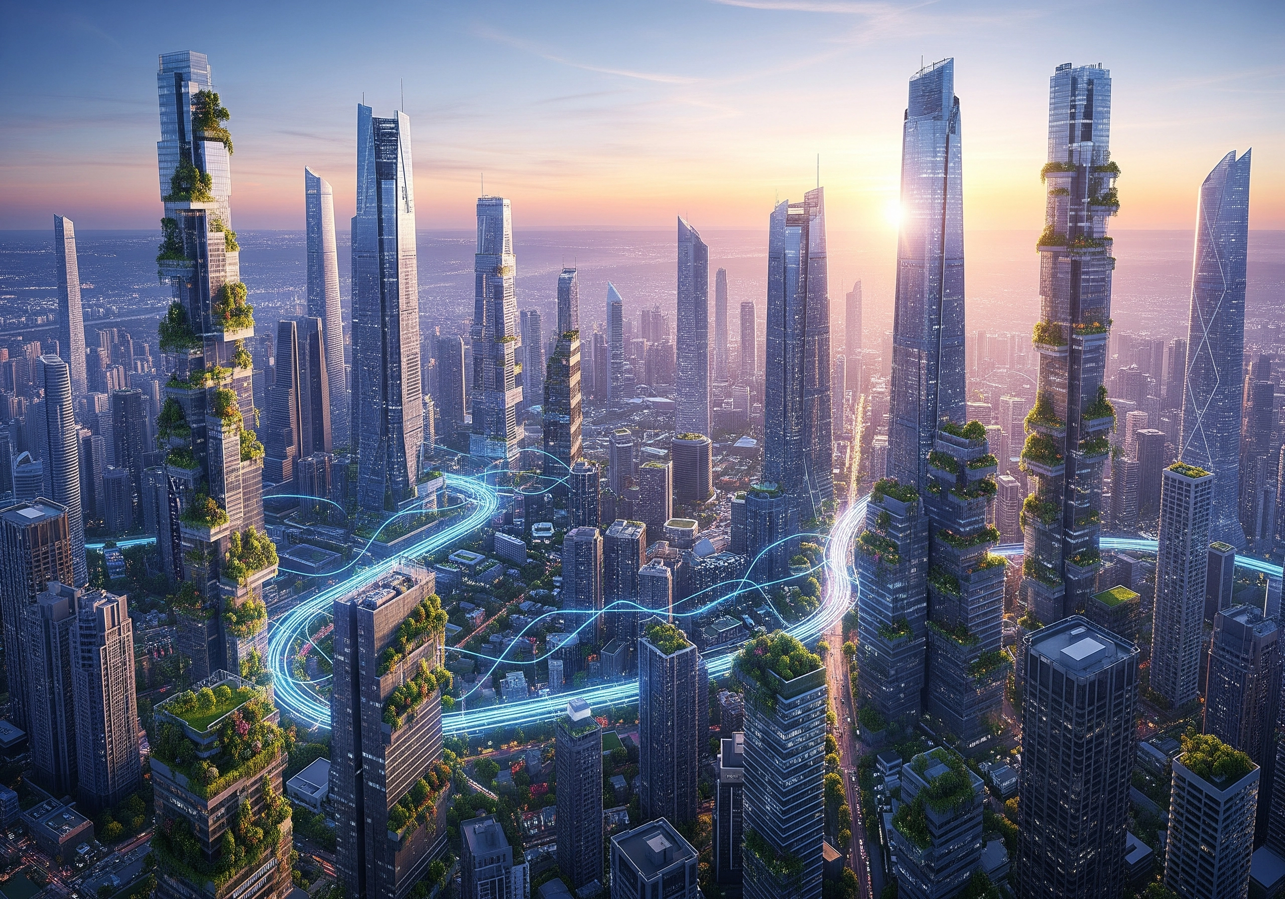 Futuristic city skyline with skyscrapers and integrated green spaces.
