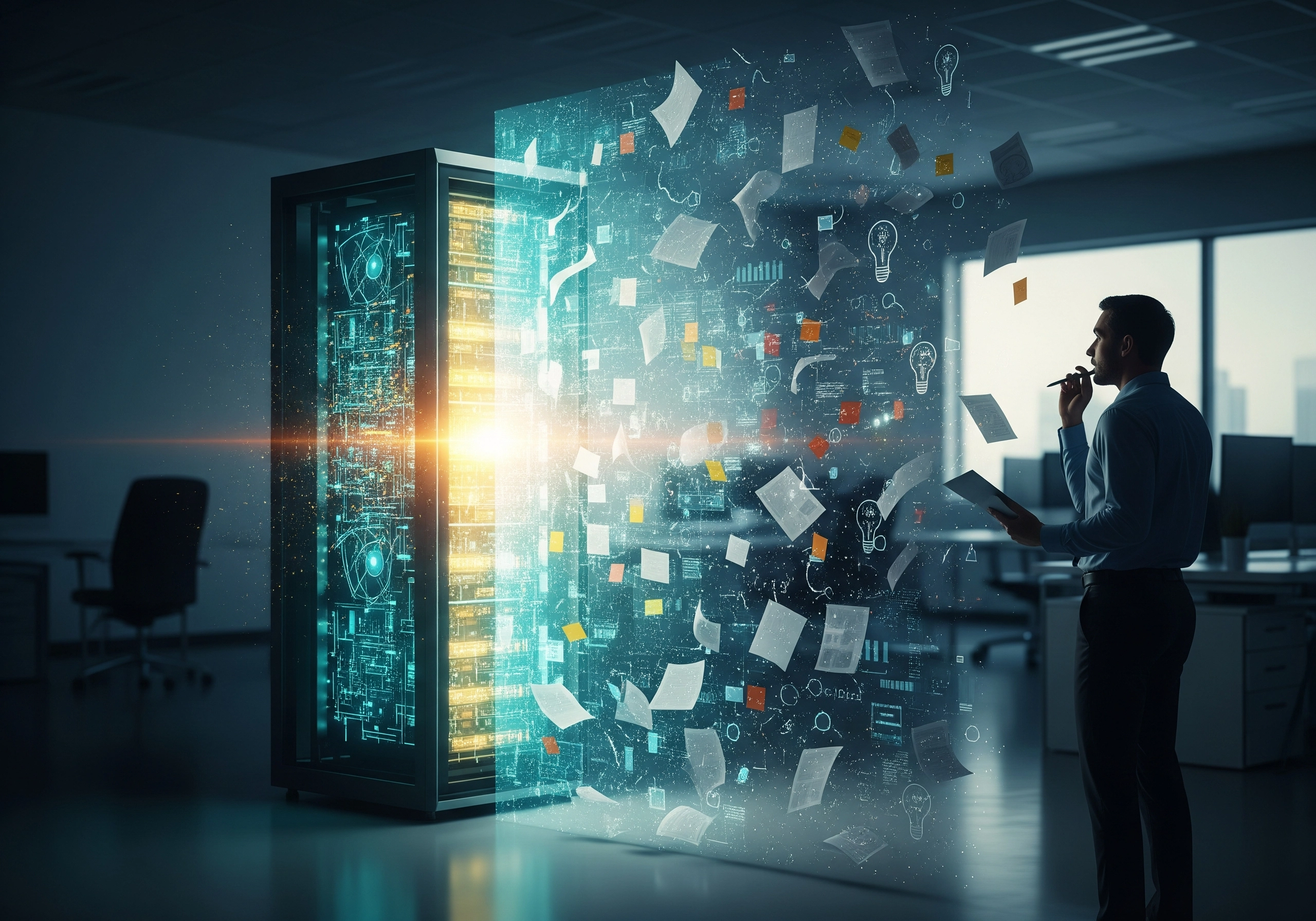 Man analyzing data server unleashing flying documents, representing blog content tools.