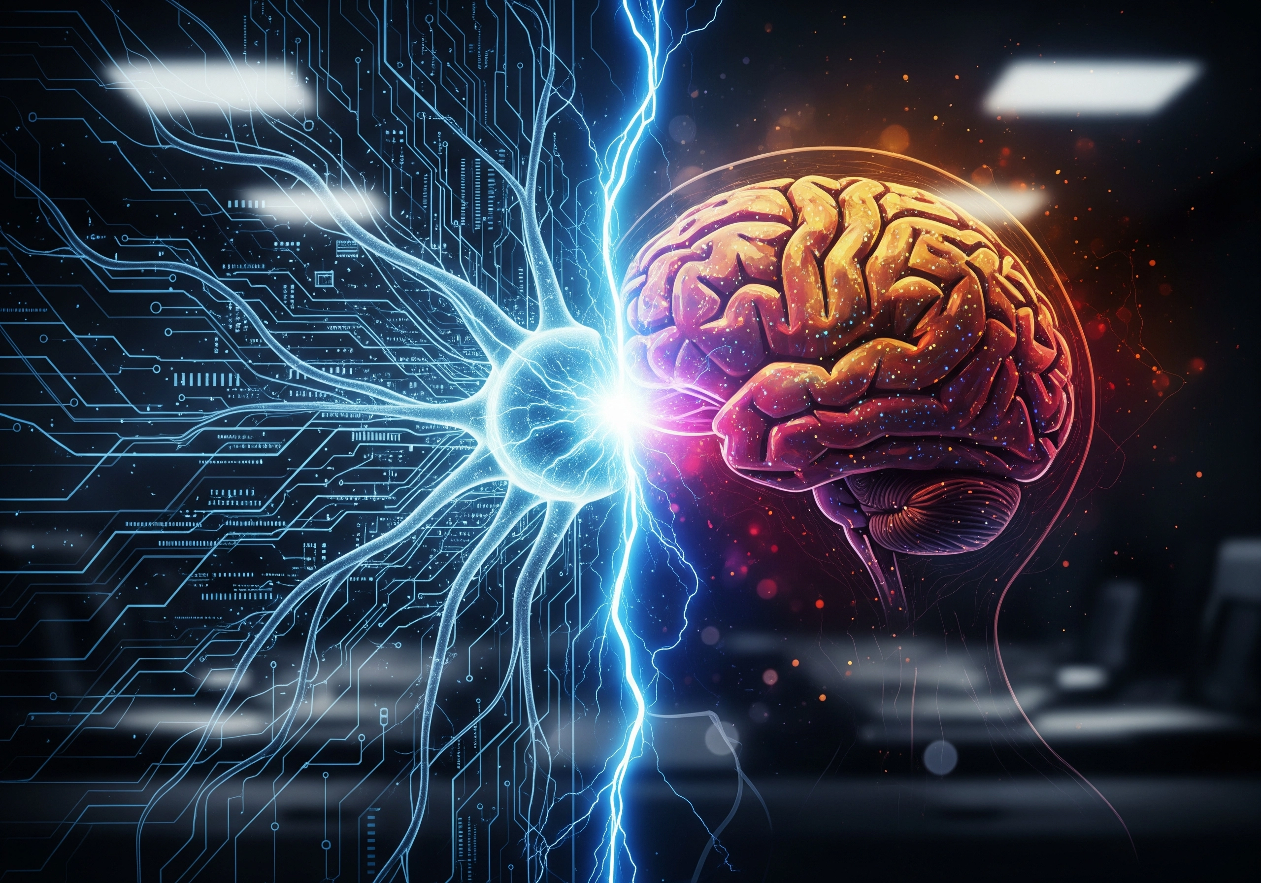 Digital brain connected to circuit board, showcasing AI for ranking success in SEO.