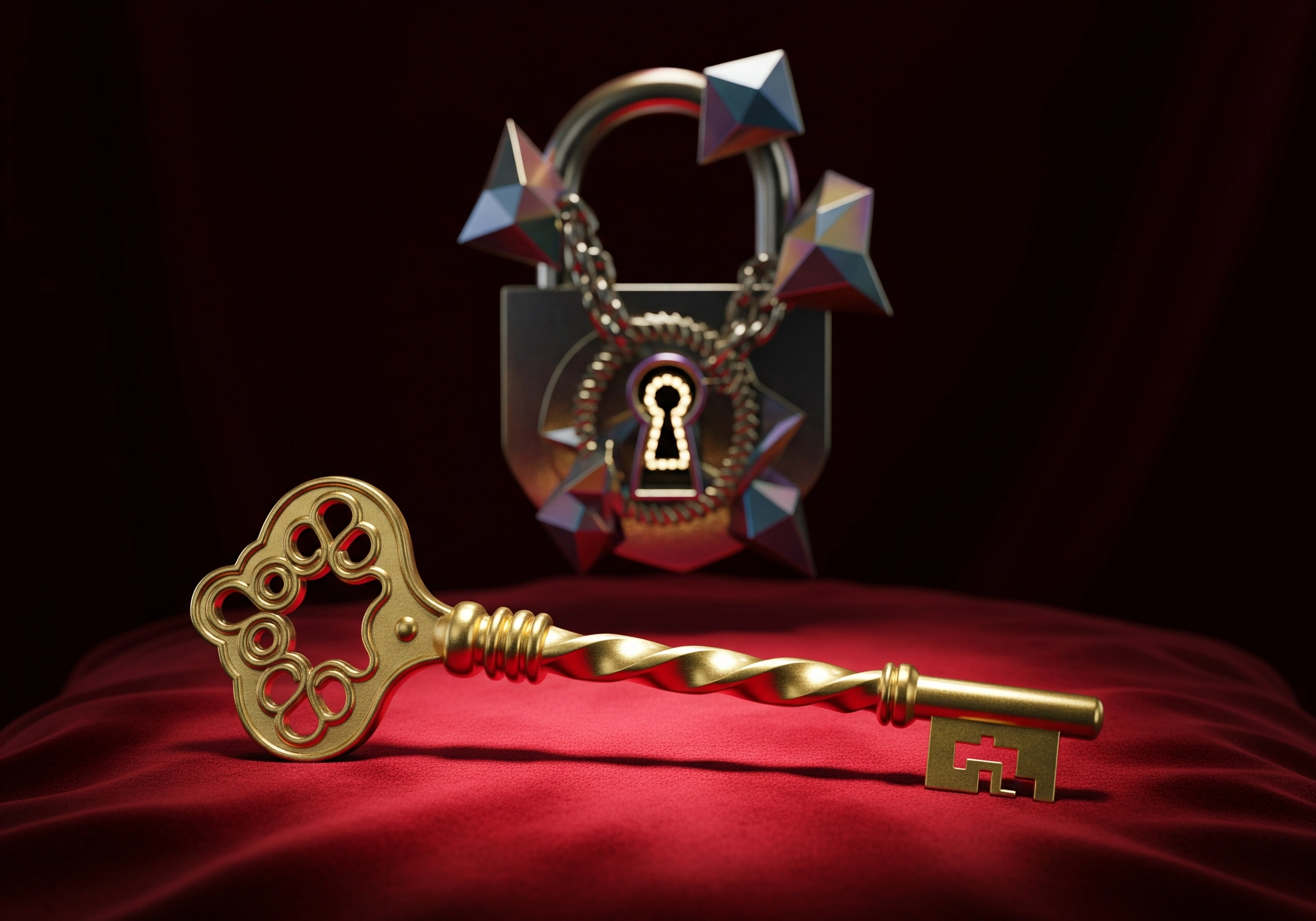 Ornate gold key in front of decorative padlock on red velvet cushion