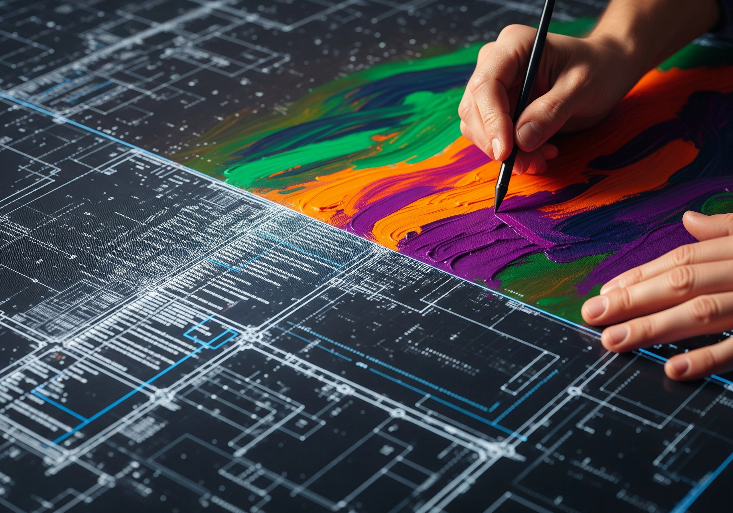Hands painting purple and orange over technical blueprints, artistic AI SEO