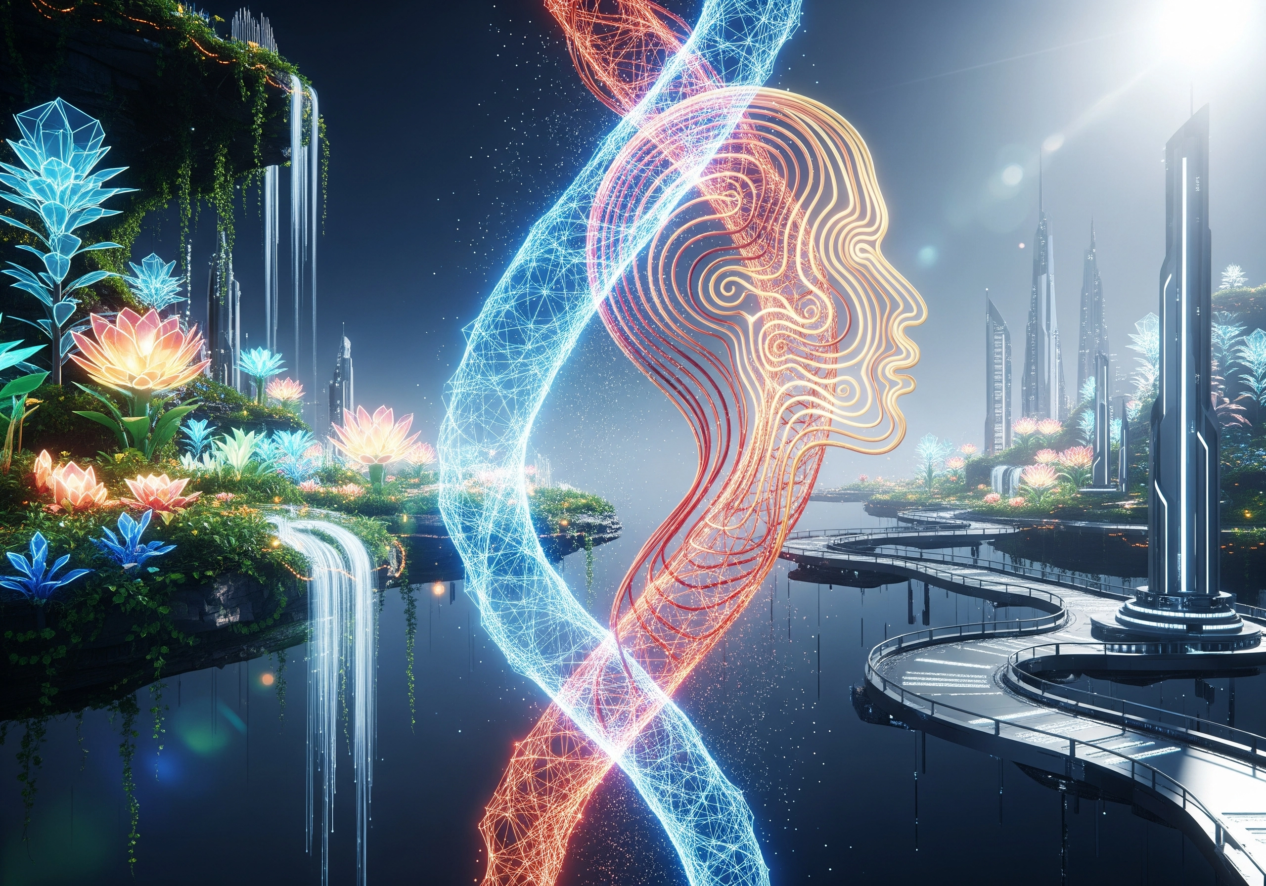 Futuristic city with waterfalls, glowing plants, and digital human profile