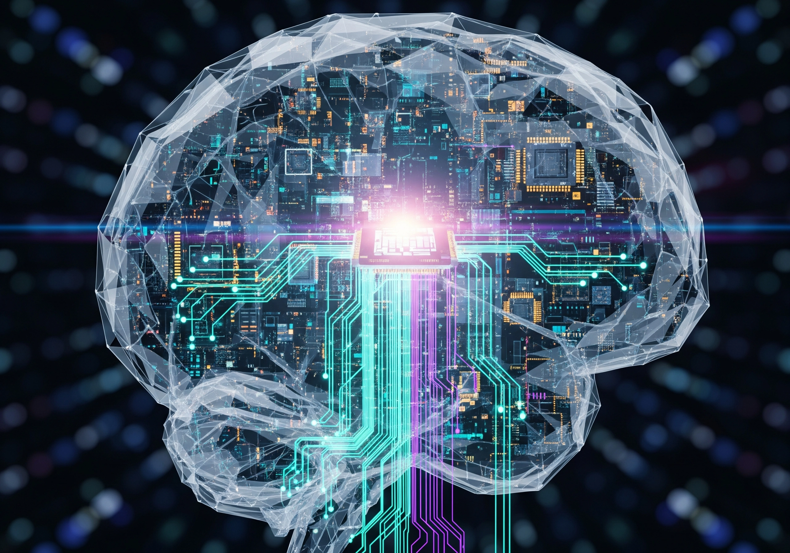 Circuit board inside a brain, illustrating AI content solutions.