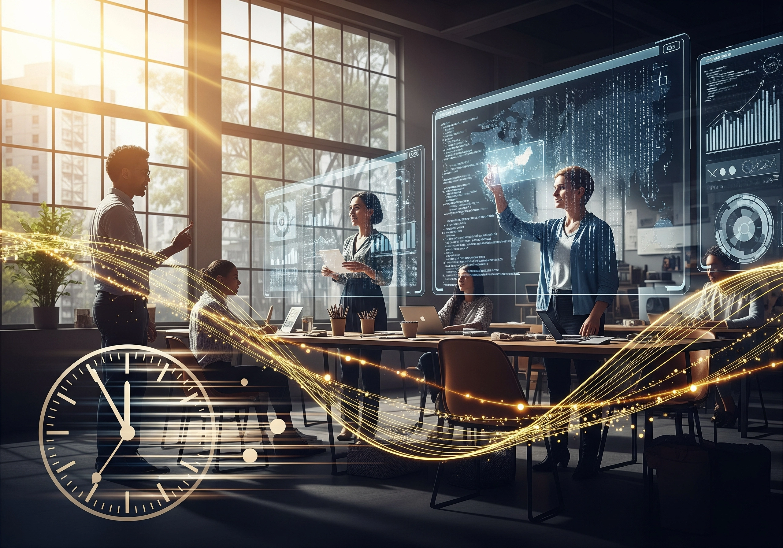 Team using AI marketing tools and screens with charts in modern office.