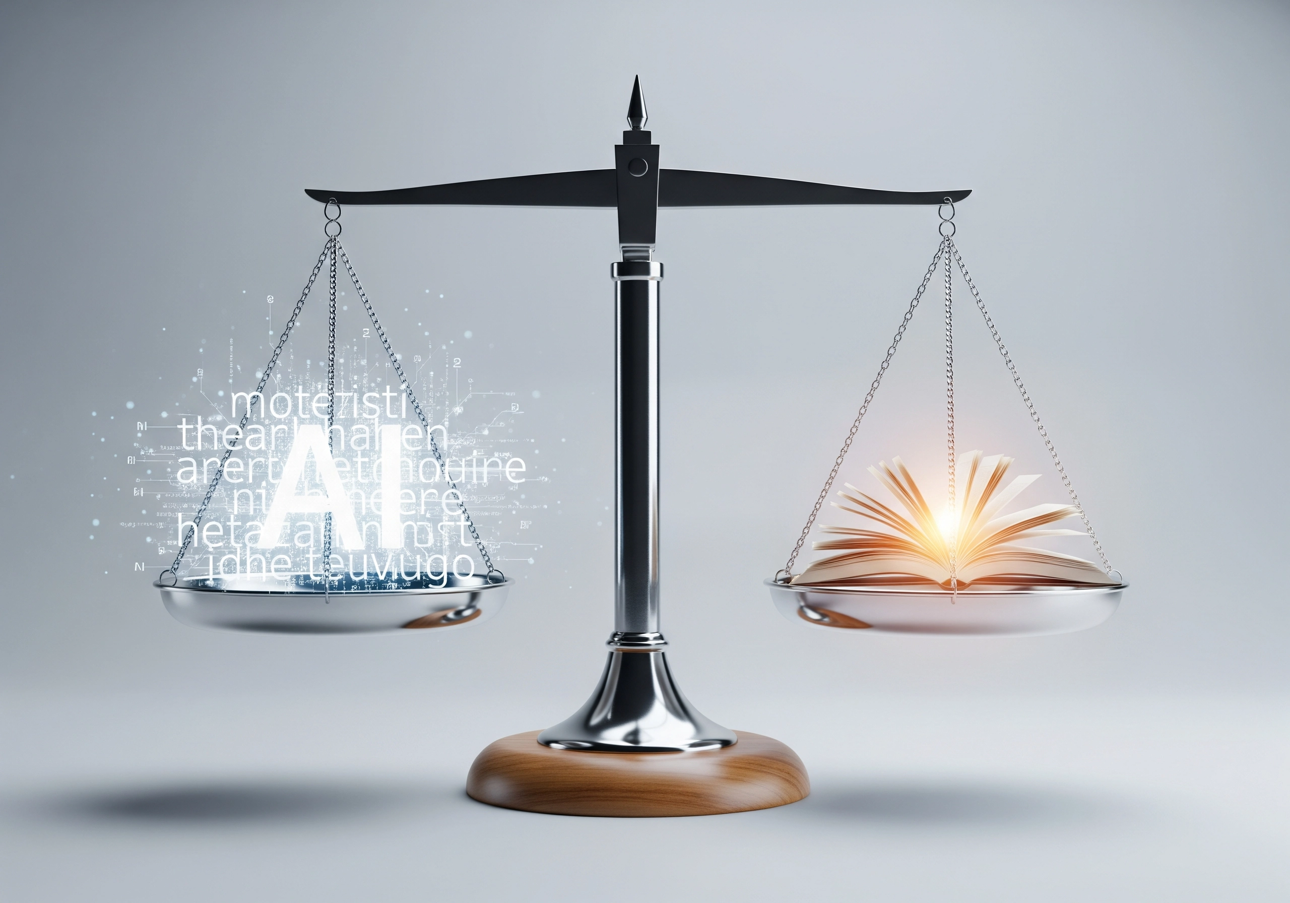 Scales balancing AI text with a traditional book, comparing copywriting methods.