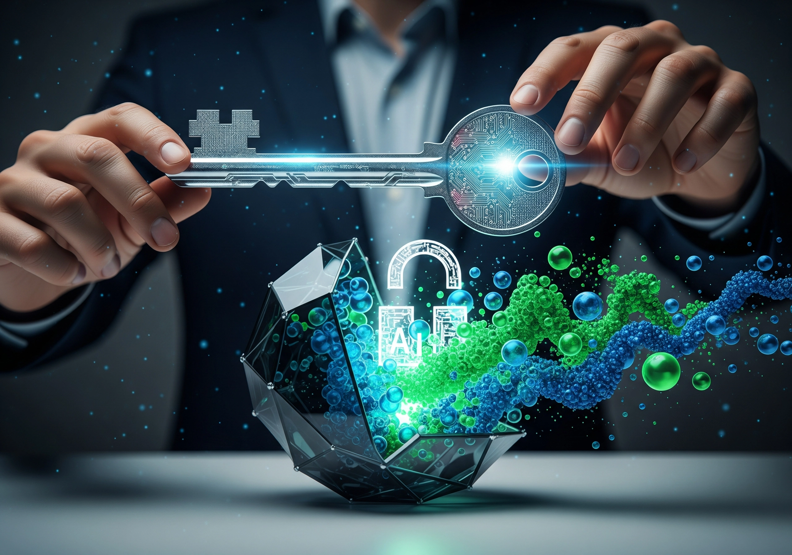 Hands holding a tech key over a broken umbrella with AI, representing AI content solutions.