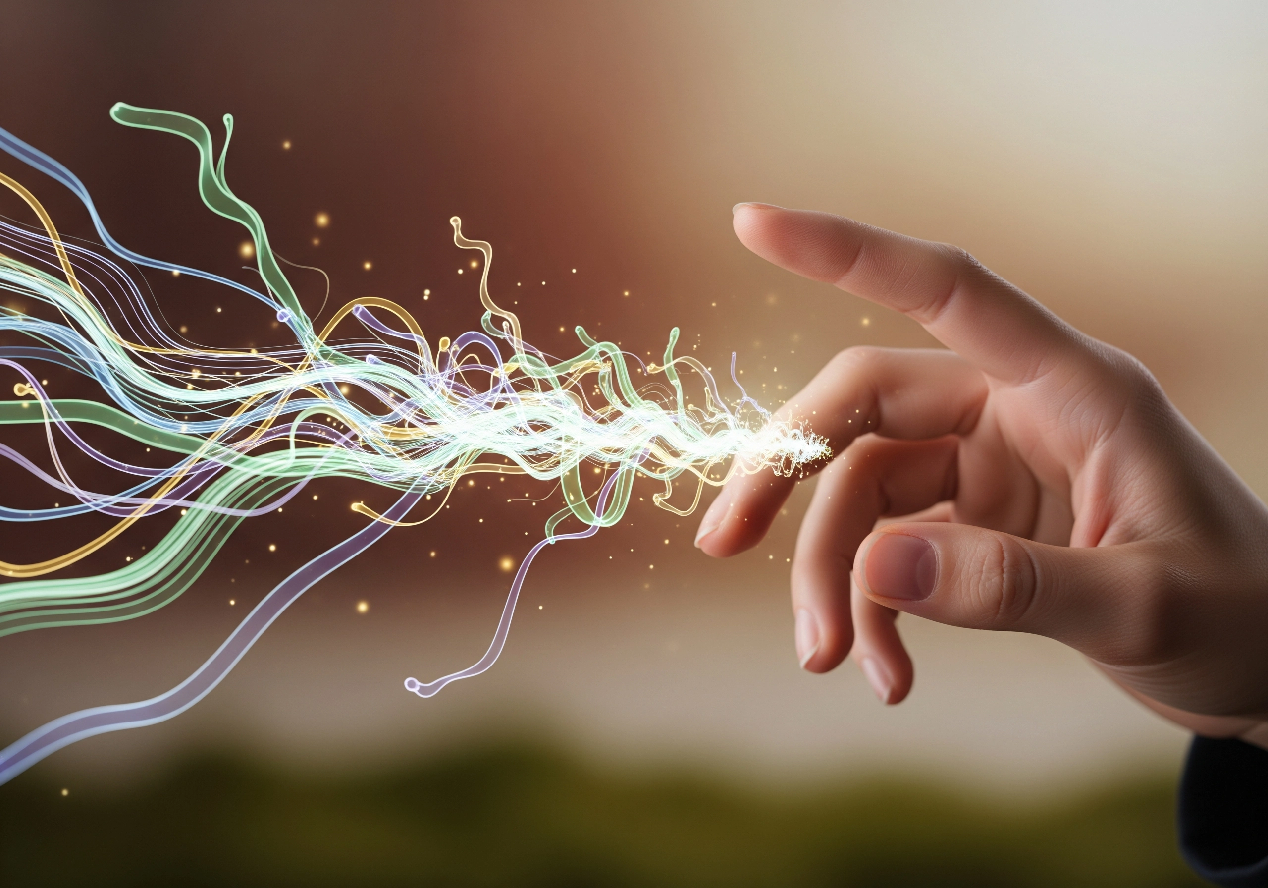 Hand touching glowing energy strands, symbolizing the spark of AI copywriting software.