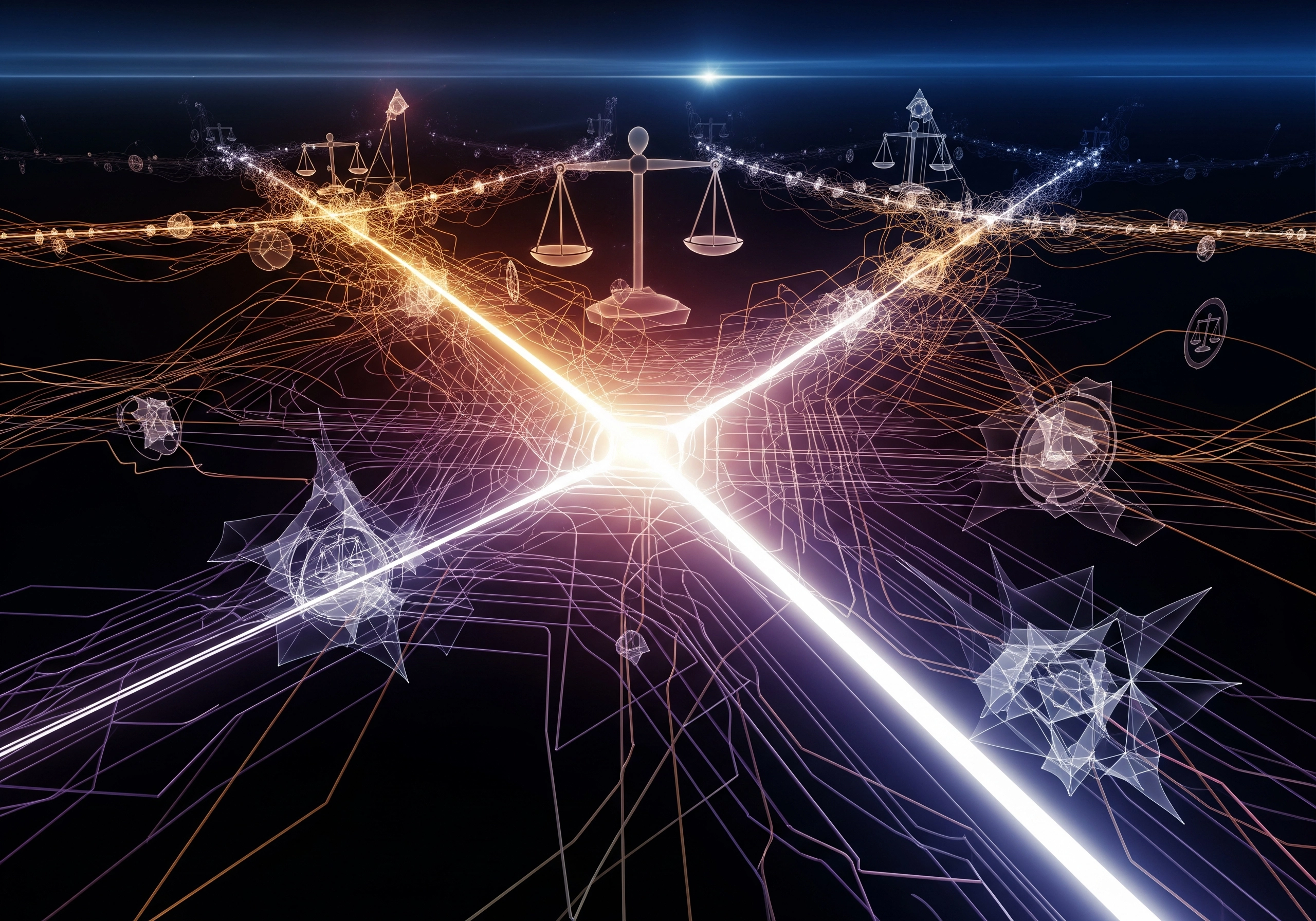 Scales of justice amid glowing web, representing a business AI strategy.