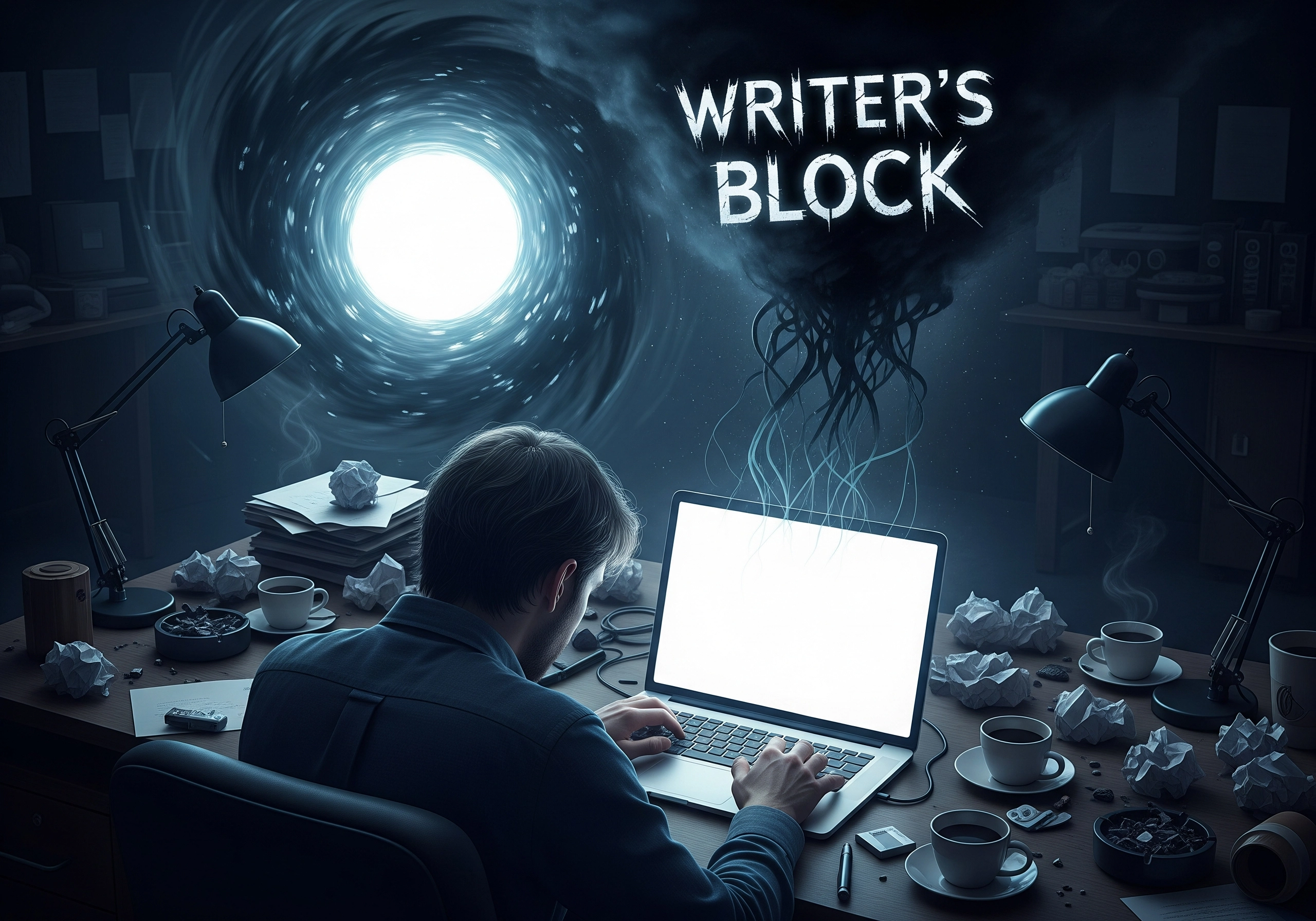 Writer's block concept: man at desk with laptop and swirling vortex