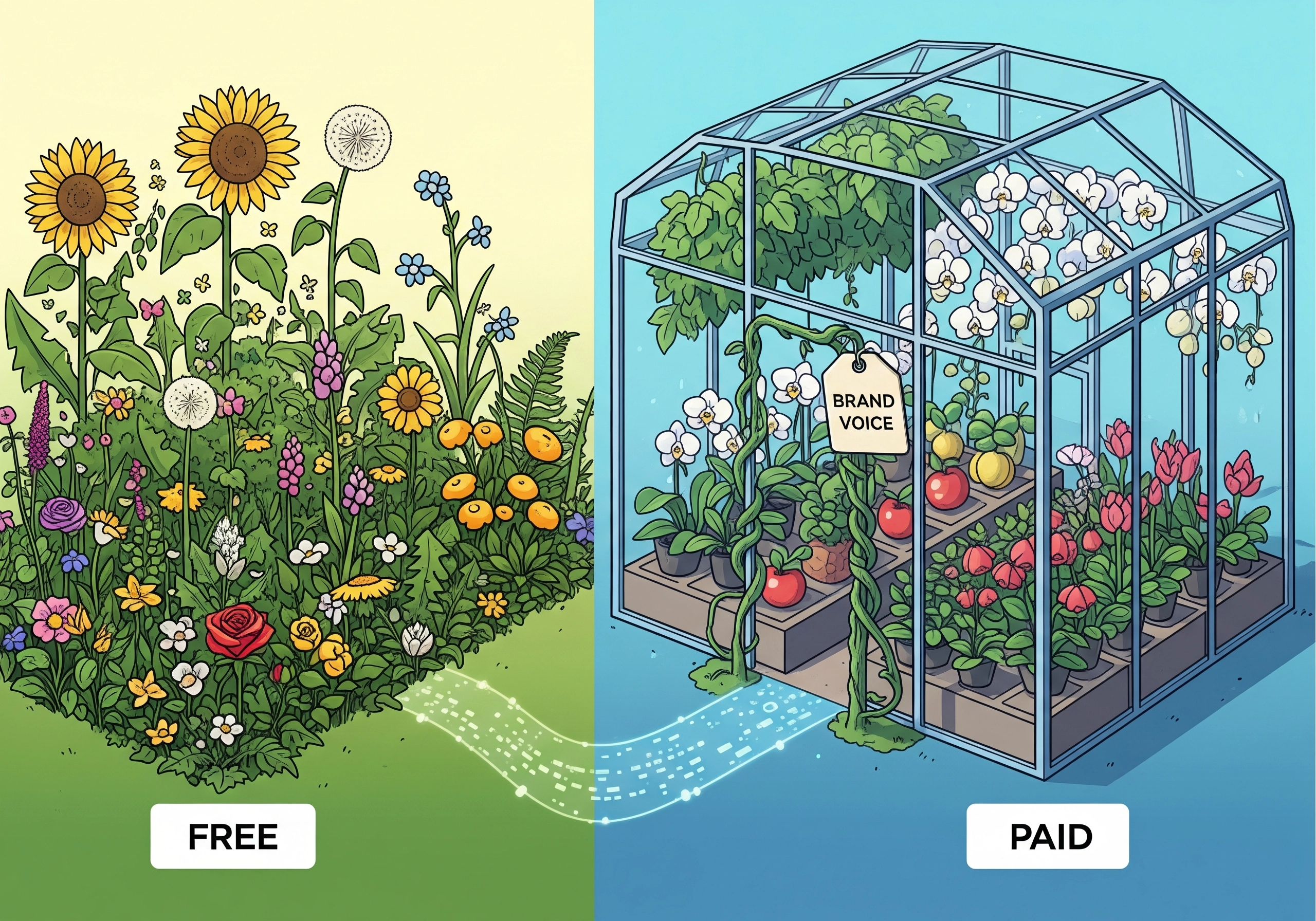 Free versus paid content: Wildflowers vs greenhouse with brand voice