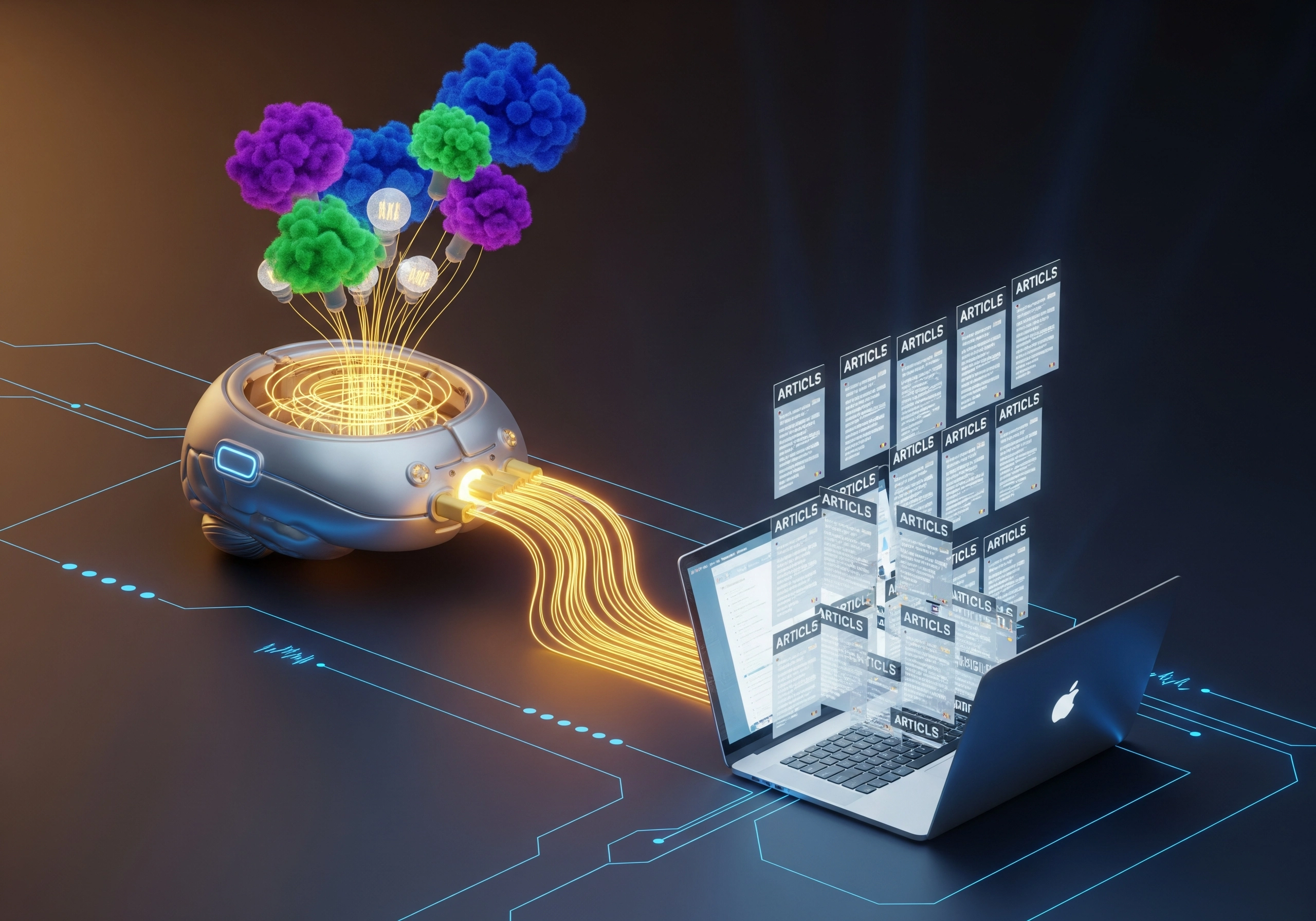 AI content creation: Robot brain generating articles onto laptop screen