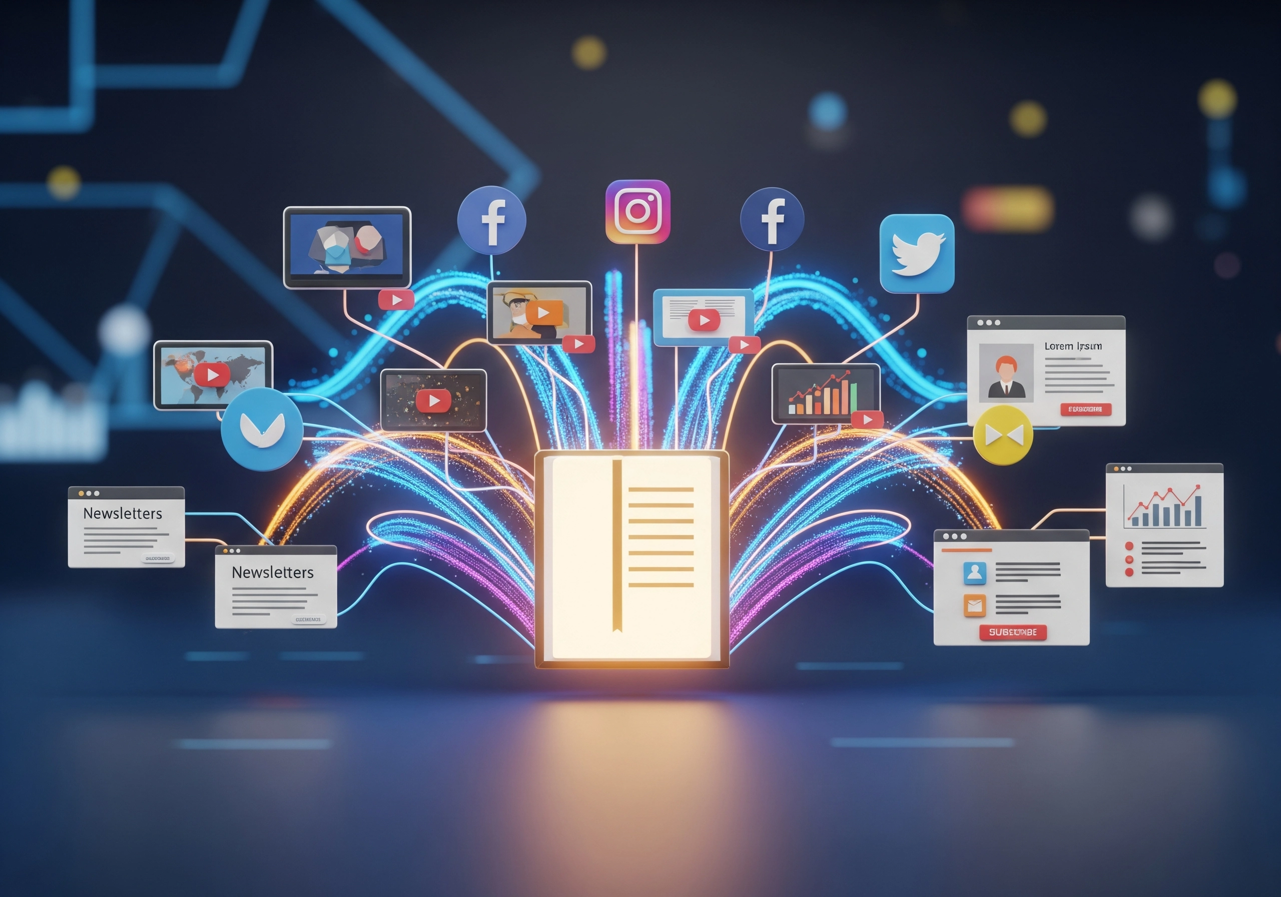 Open book with social media icons, representing AI content creation.