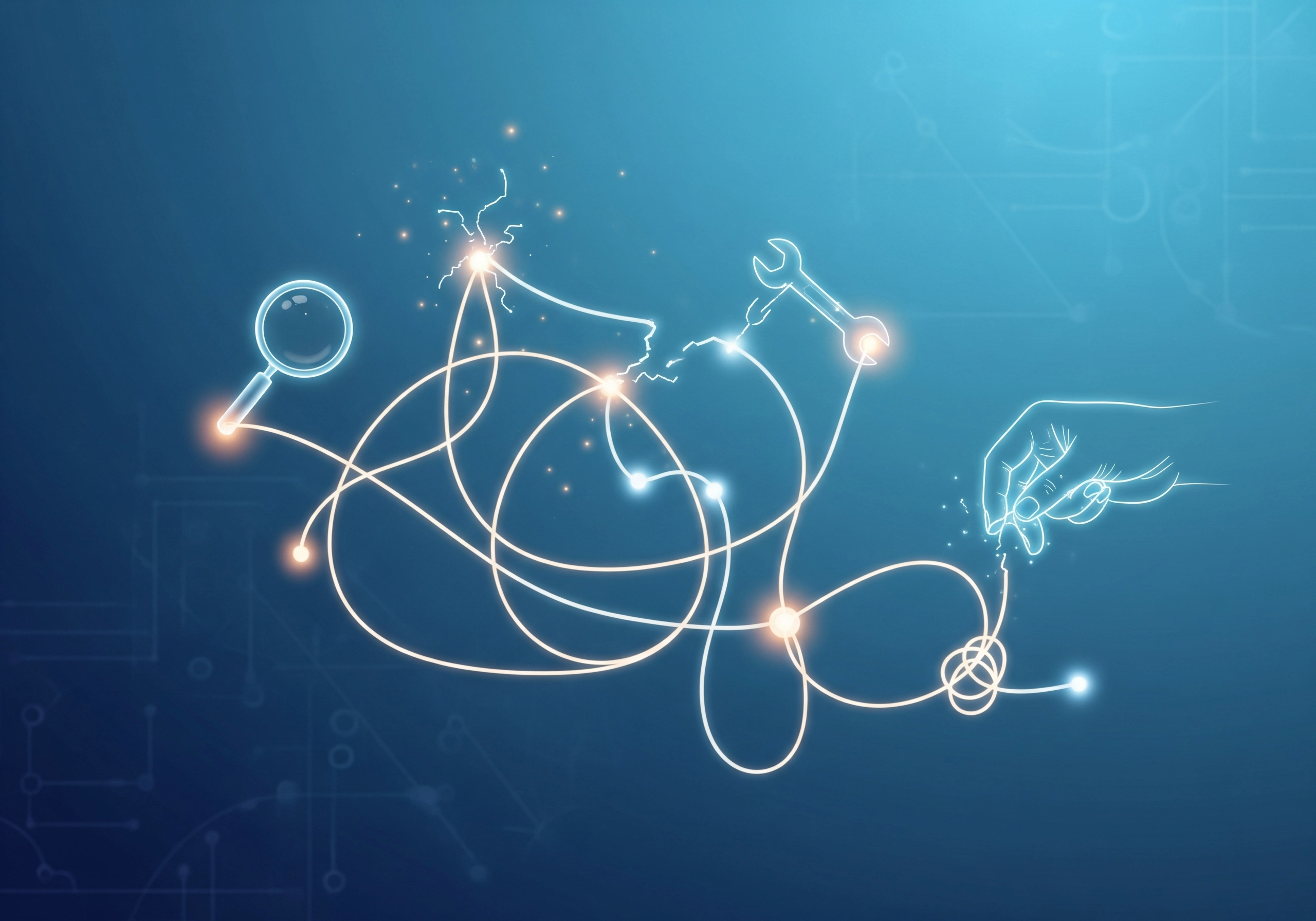 Abstract illustration of a tangled line with magnifying glass and wrench.