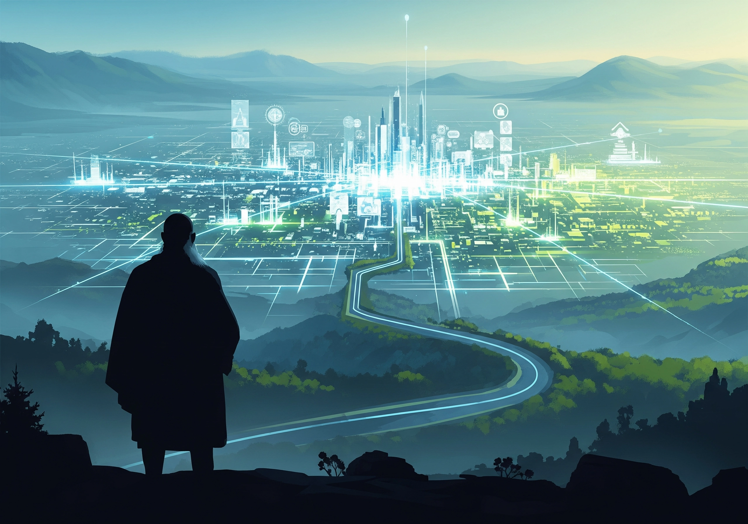 Silhouette of person overlooking futuristic city with digital overlays.