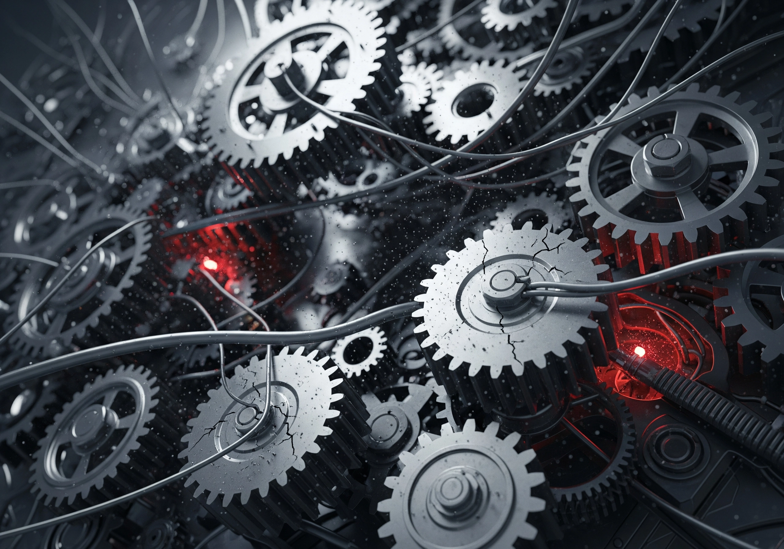 Close-up of interconnected gears, wires, and red lights suggesting complex automated system.