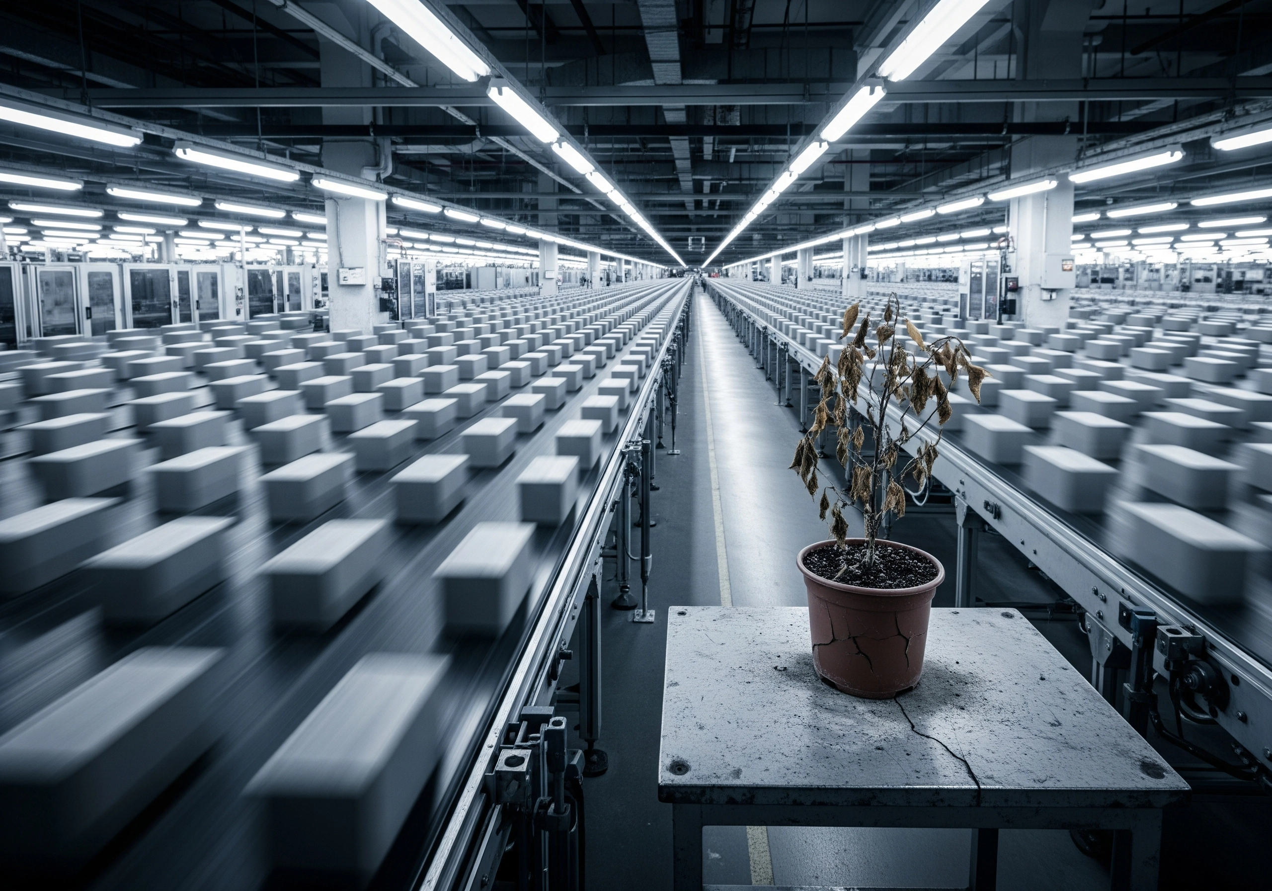 Wilted plant on a factory conveyor belt, contrasting nature with automated production.