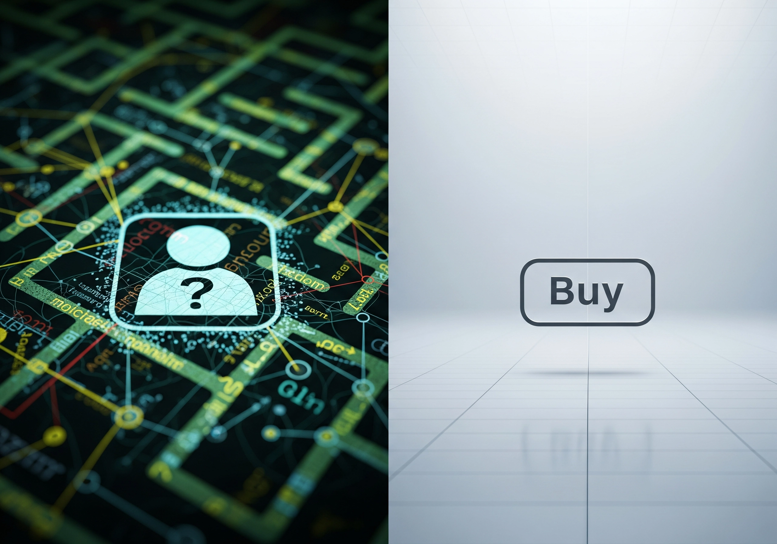 Digital maze with person icon and question mark, next to a 'Buy' button.