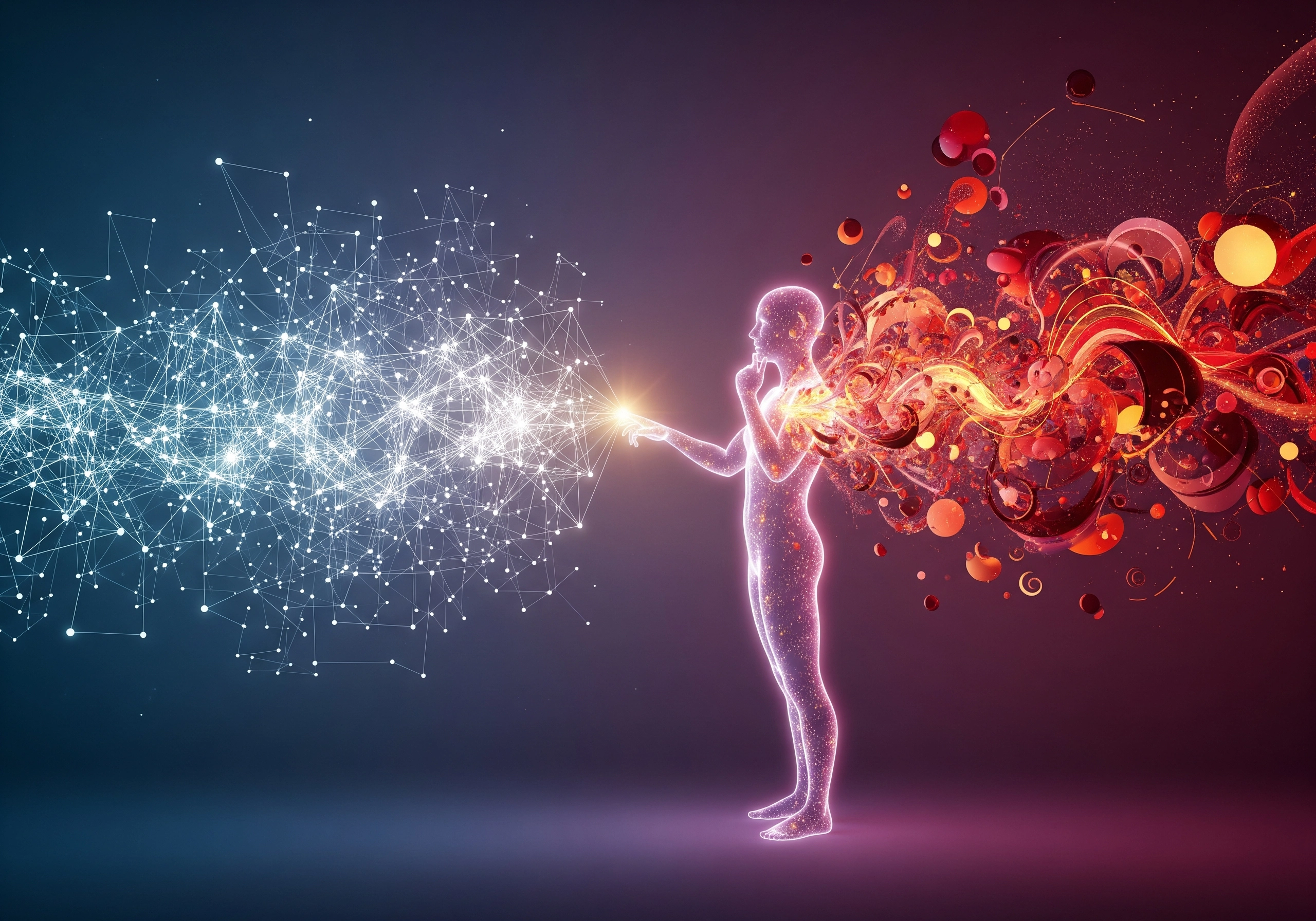 Glowing figure connecting network of nodes to swirling abstract shapes.