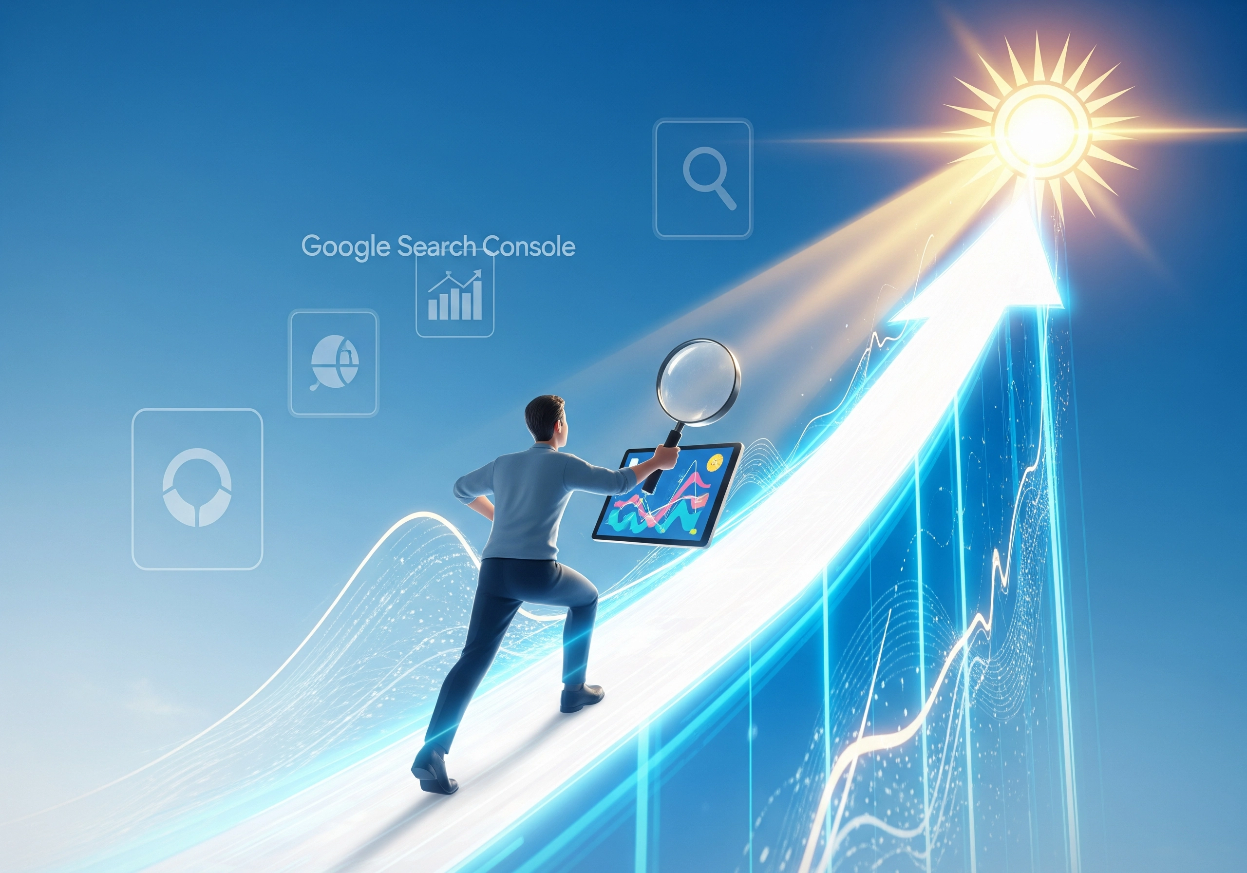 Person running up SEO growth arrow with search console data on tablet.