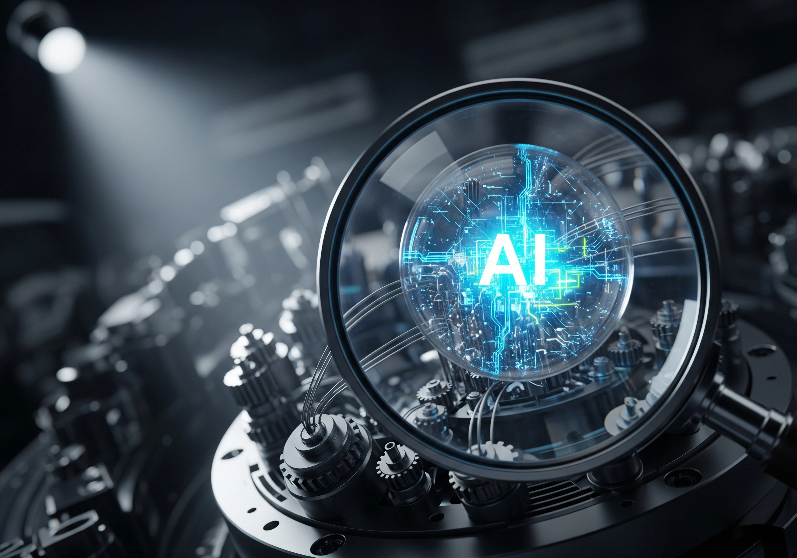 Magnifying glass over AI circuitry, illustrating AI blog writing software.