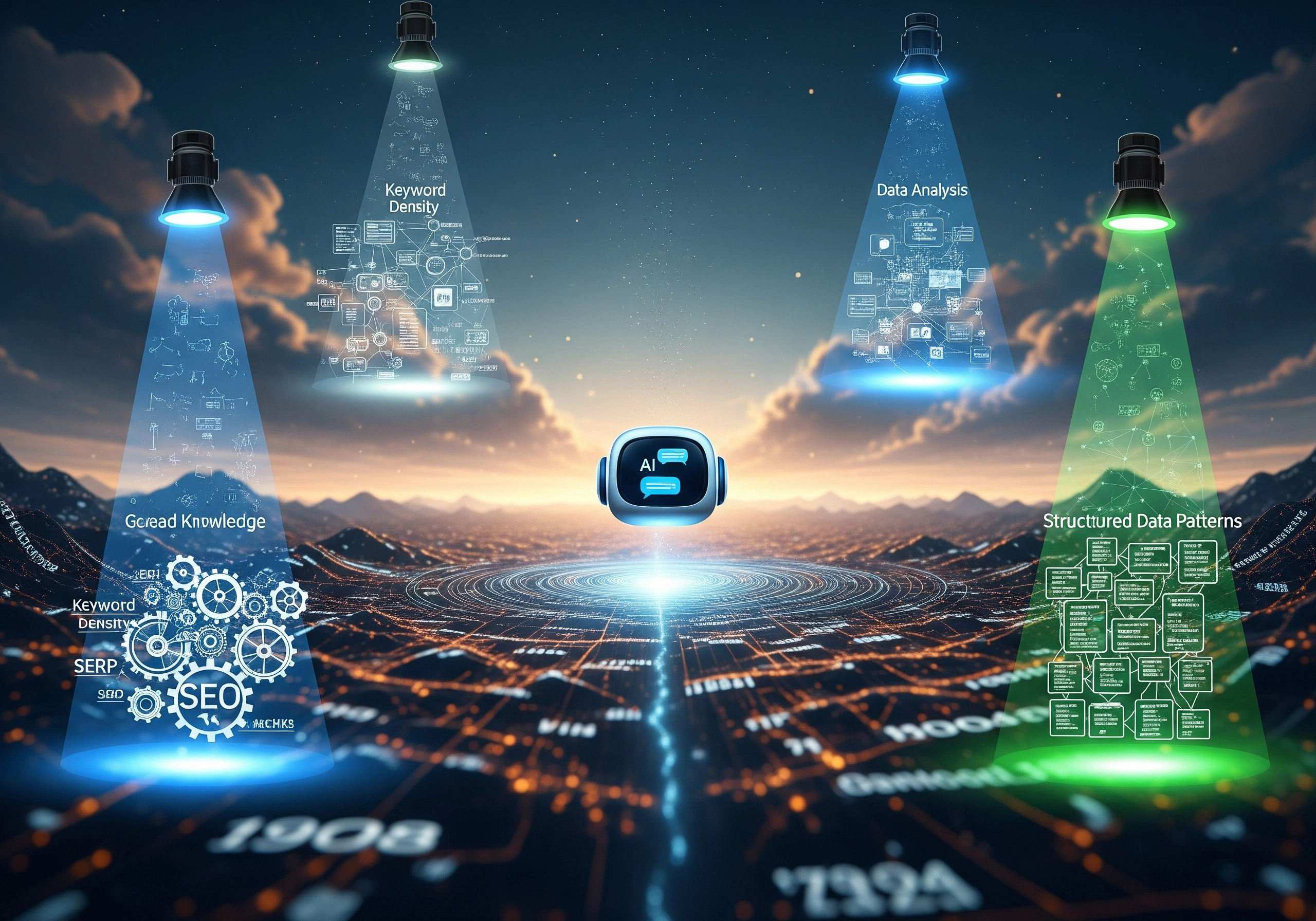 AI robot head over landscape with Keyword Density and Data Analysis beams.