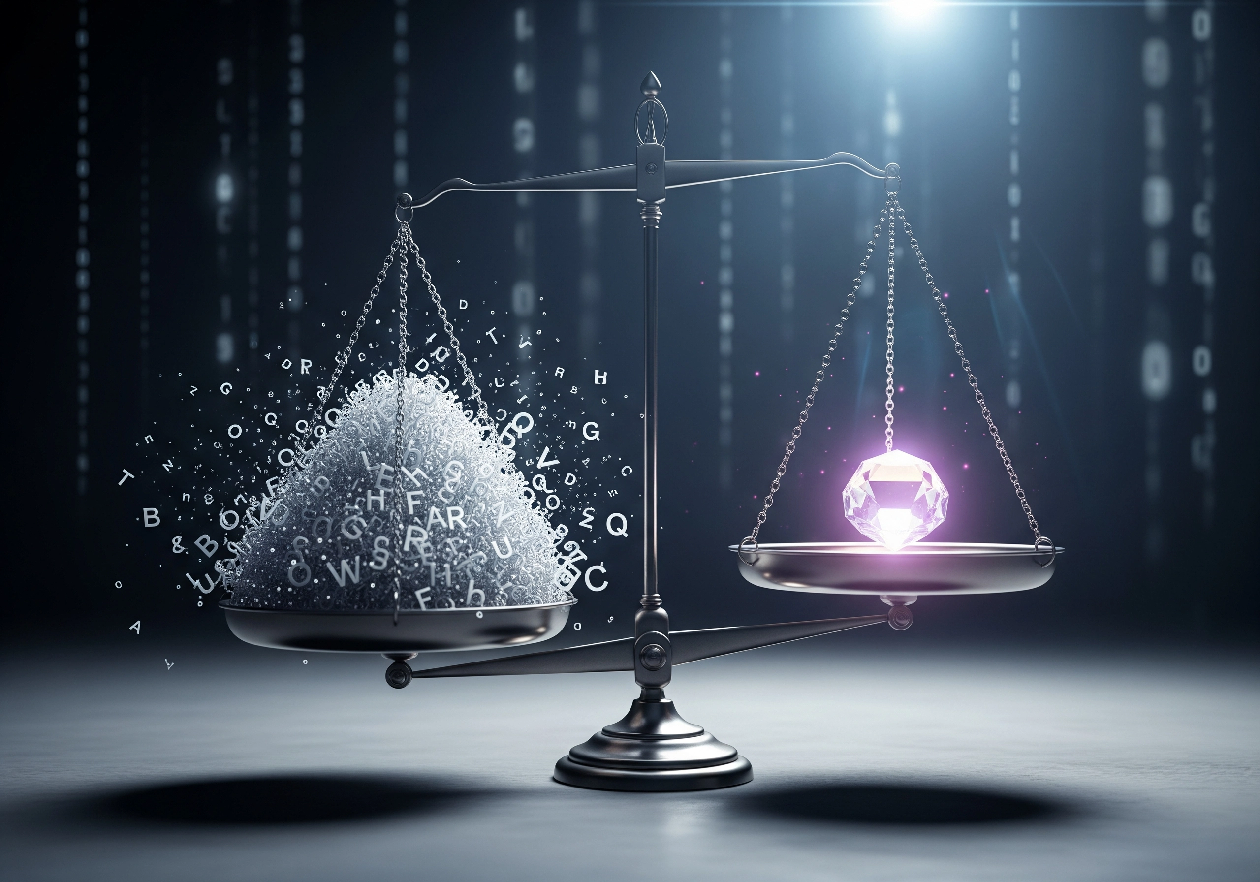 Balance scale showing word pile versus diamond, symbolizing AI SEO writing value.