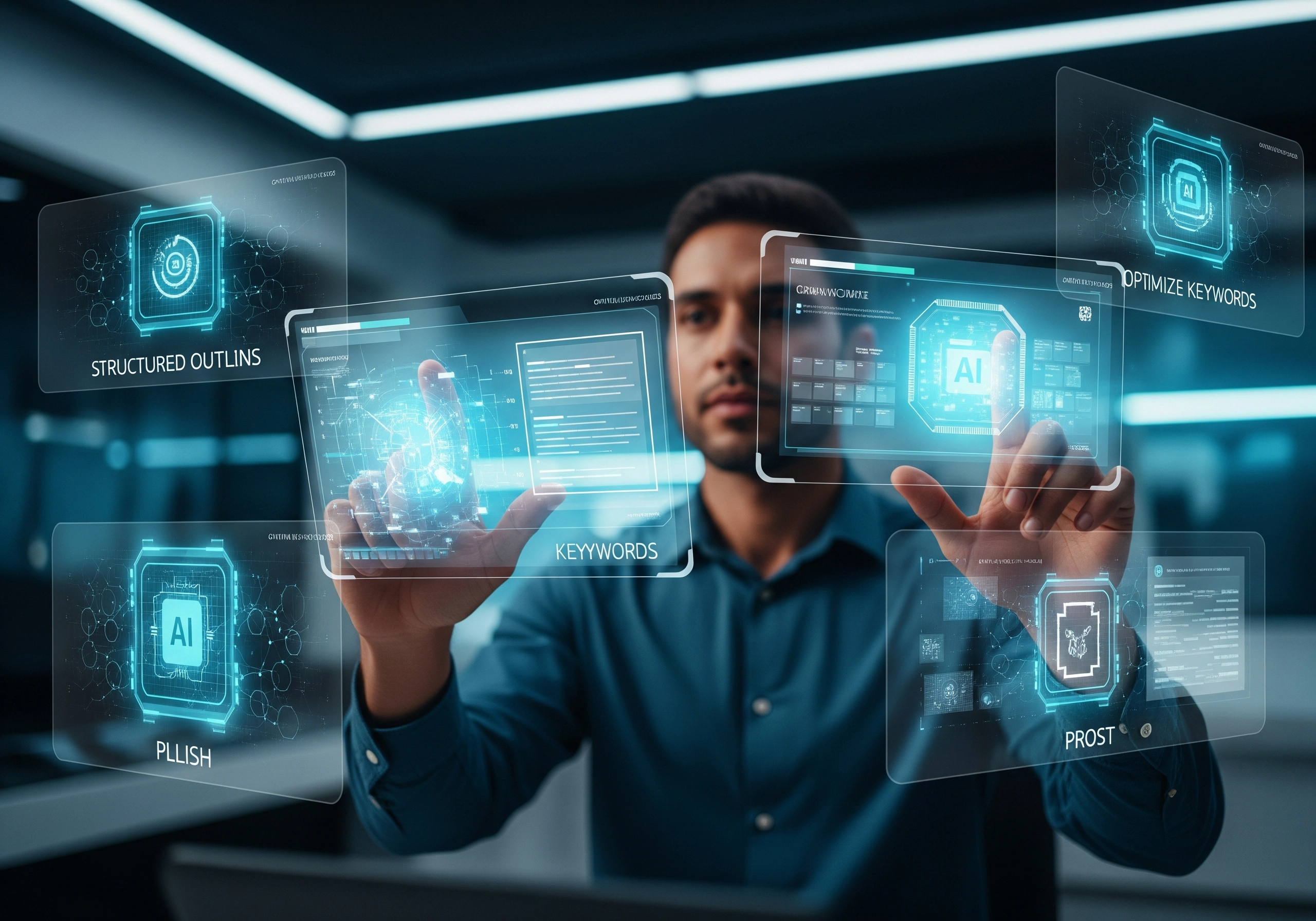 Man using AI blog writing software with keyword optimization and structured outlines.