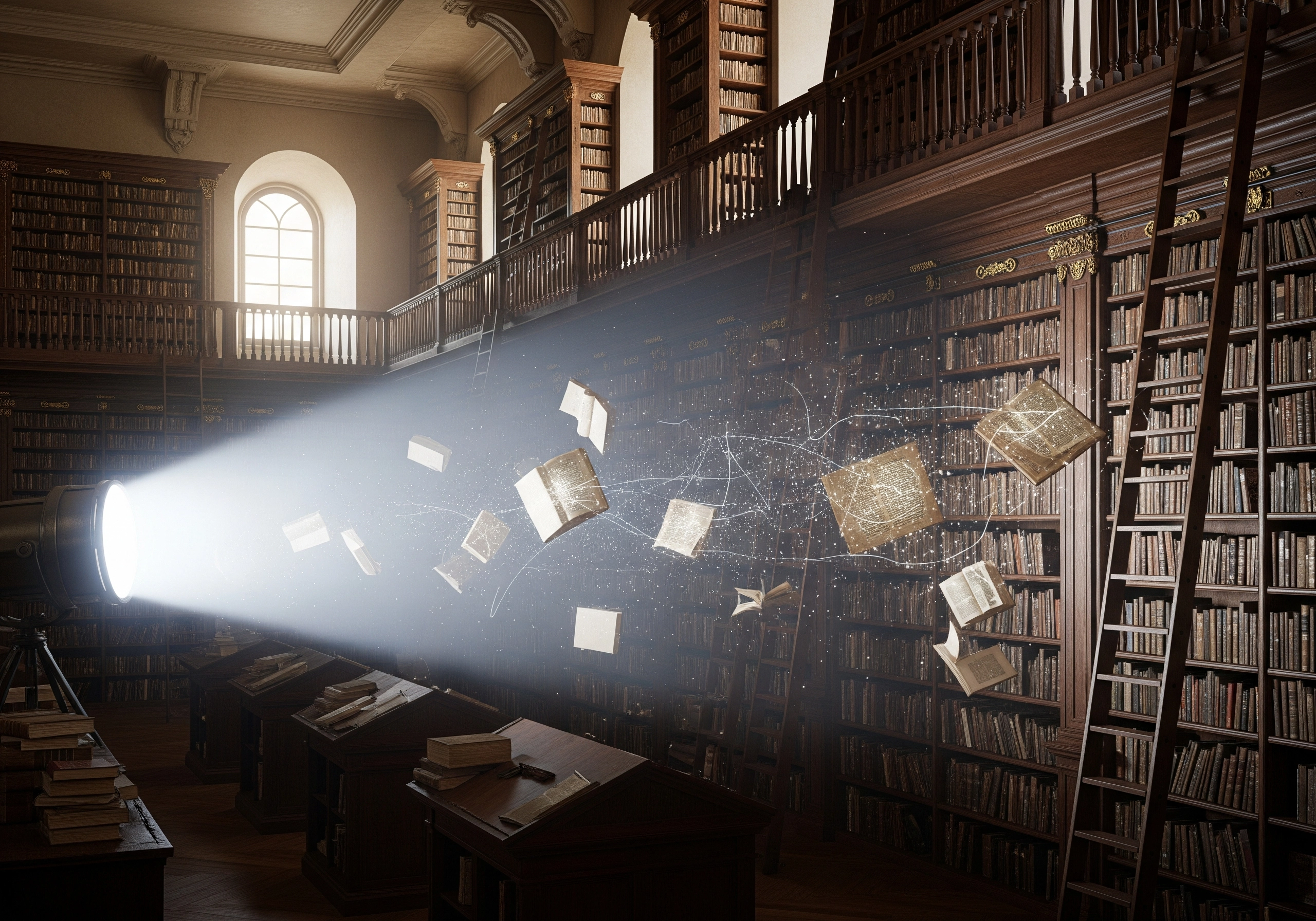 Books floating in a library illuminated by a bright spotlight.