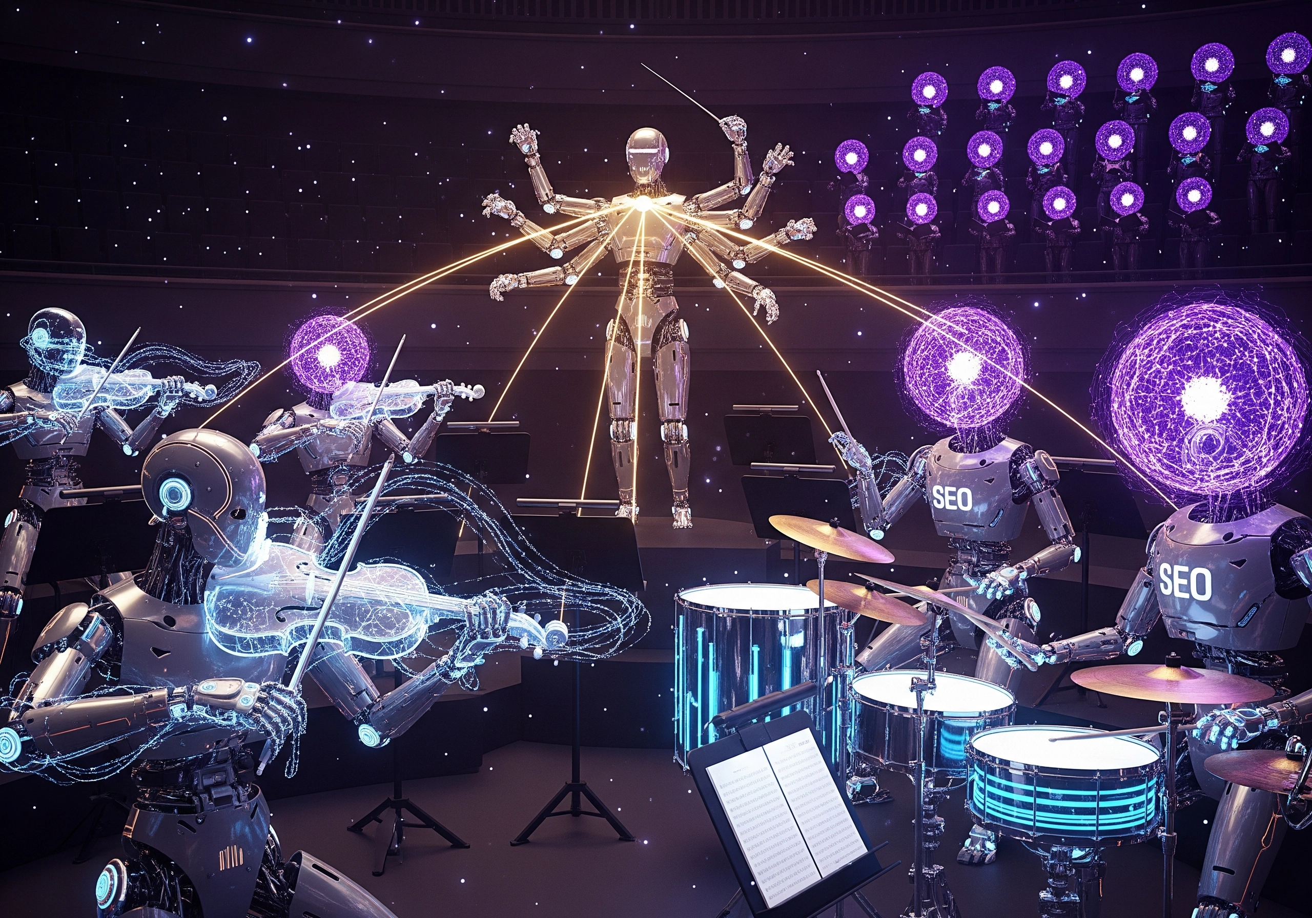 Robot orchestra performing with an AI conductor wielding glowing batons.