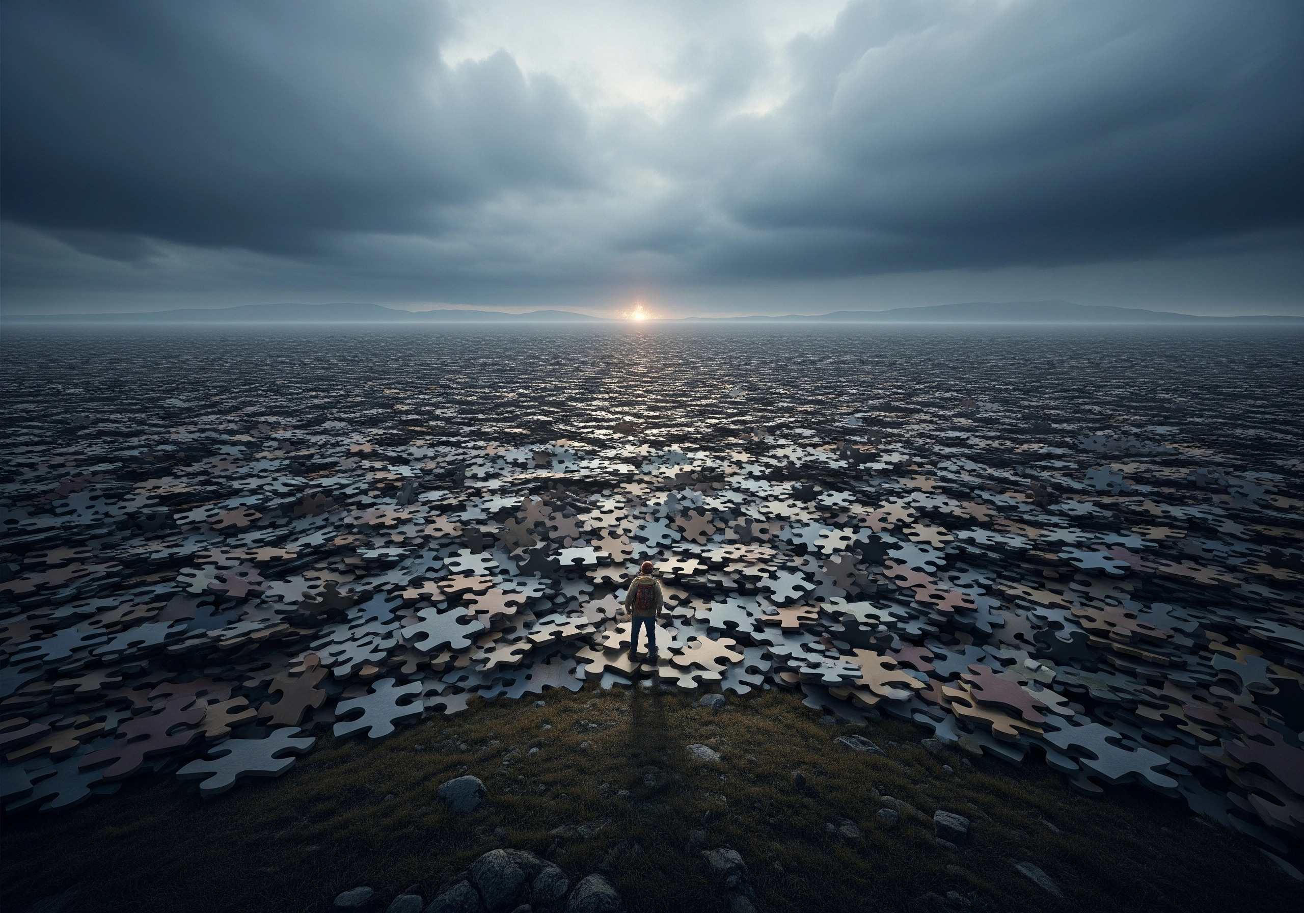 Person standing on puzzle pieces landscape under dramatic sky, alluding to AI content strategy.