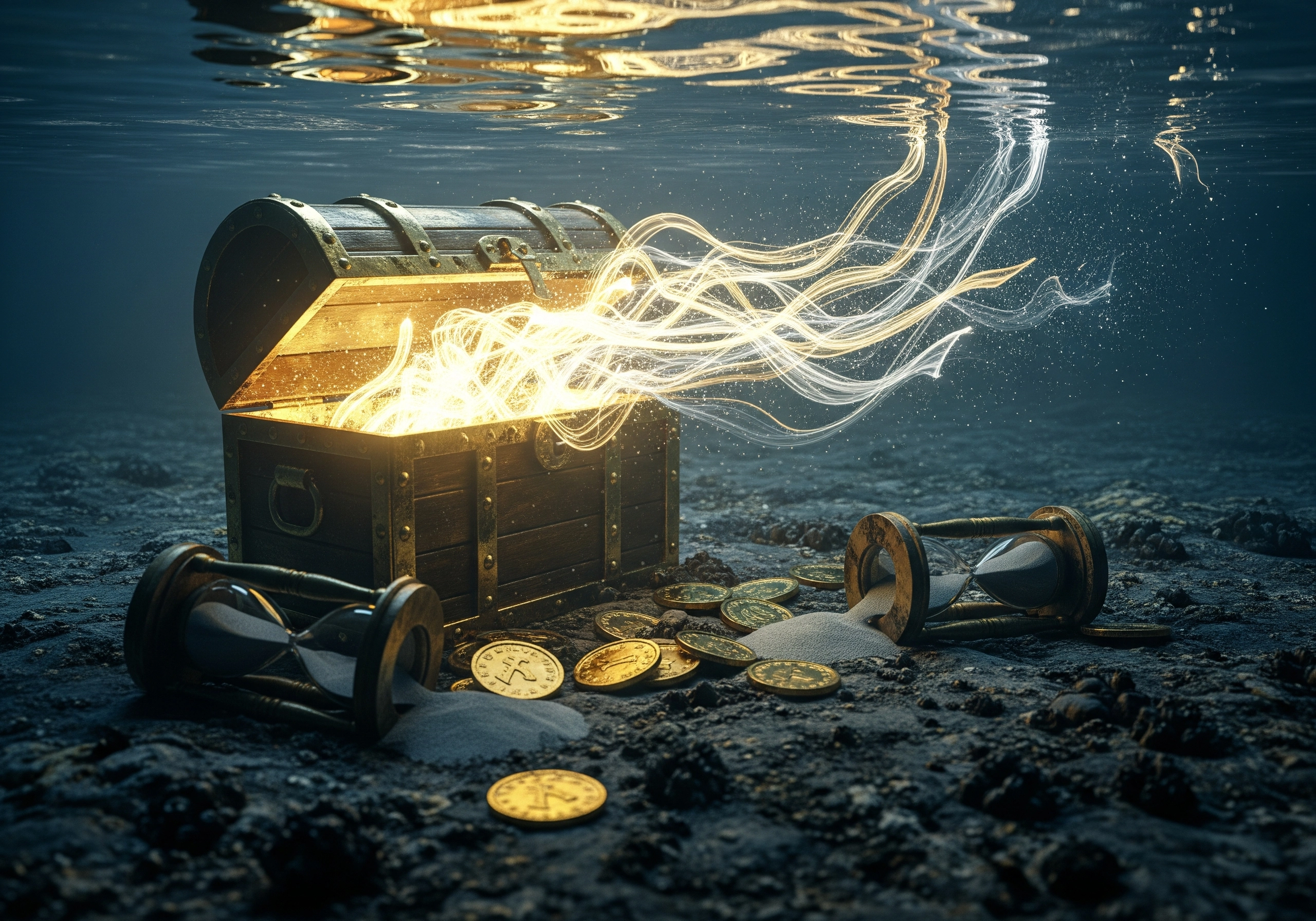 Open treasure chest with gold coins and hourglasses under water, symbolizing hidden assets.