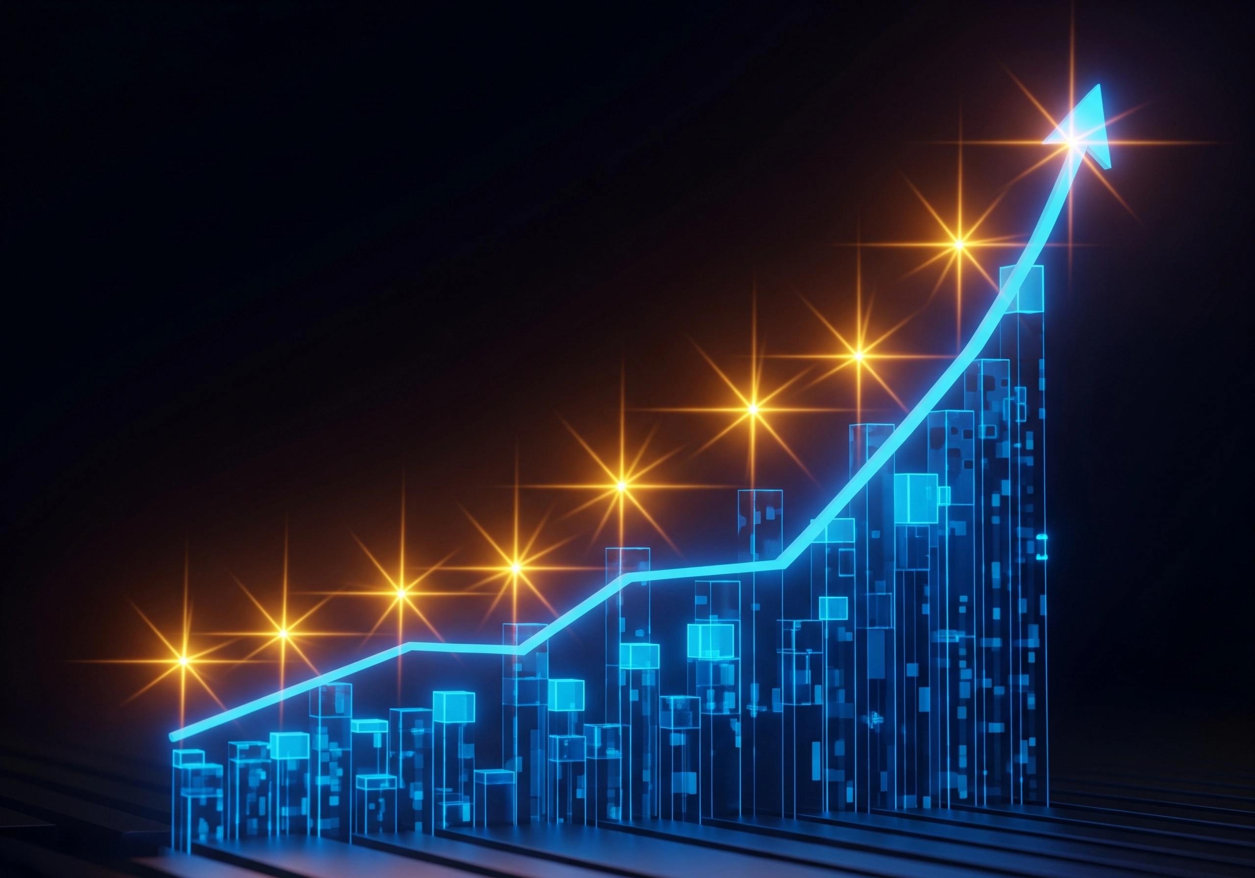 Blue line graph with glowing stars depicting growth with smart content generation.