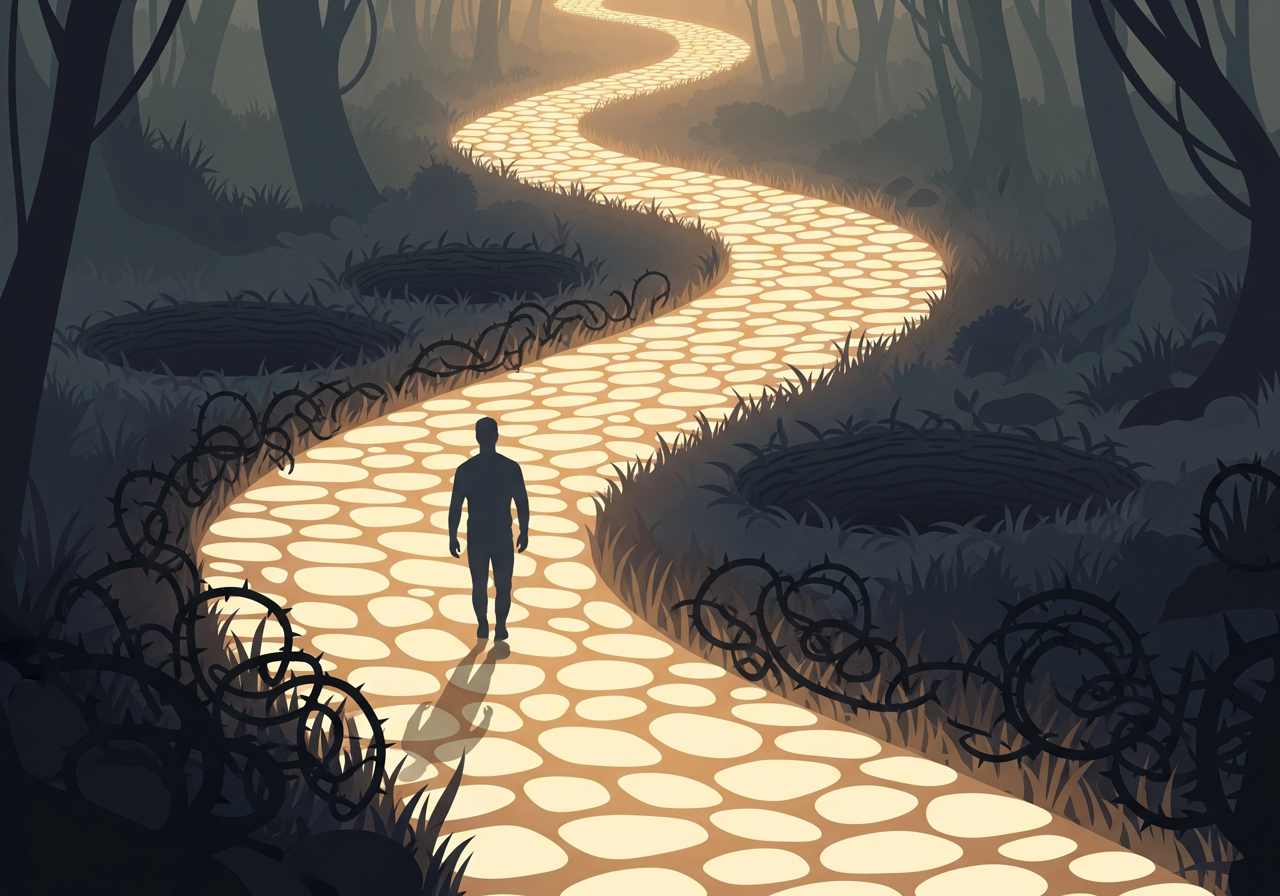 Illustration of a figure walking on a winding path in a dark, thorny forest.