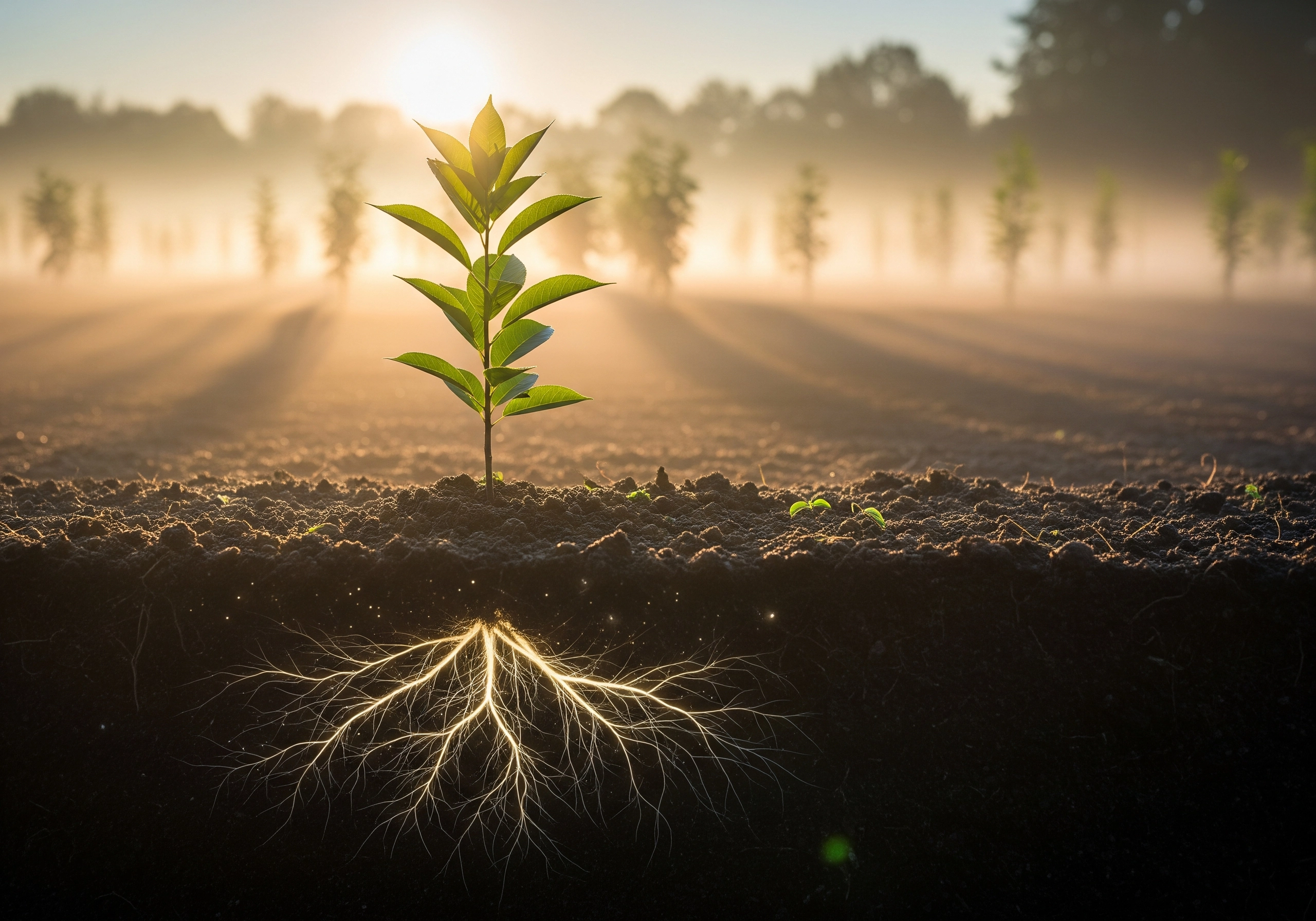 Sprout growing in a field, representing the growth potential of AI smart content.