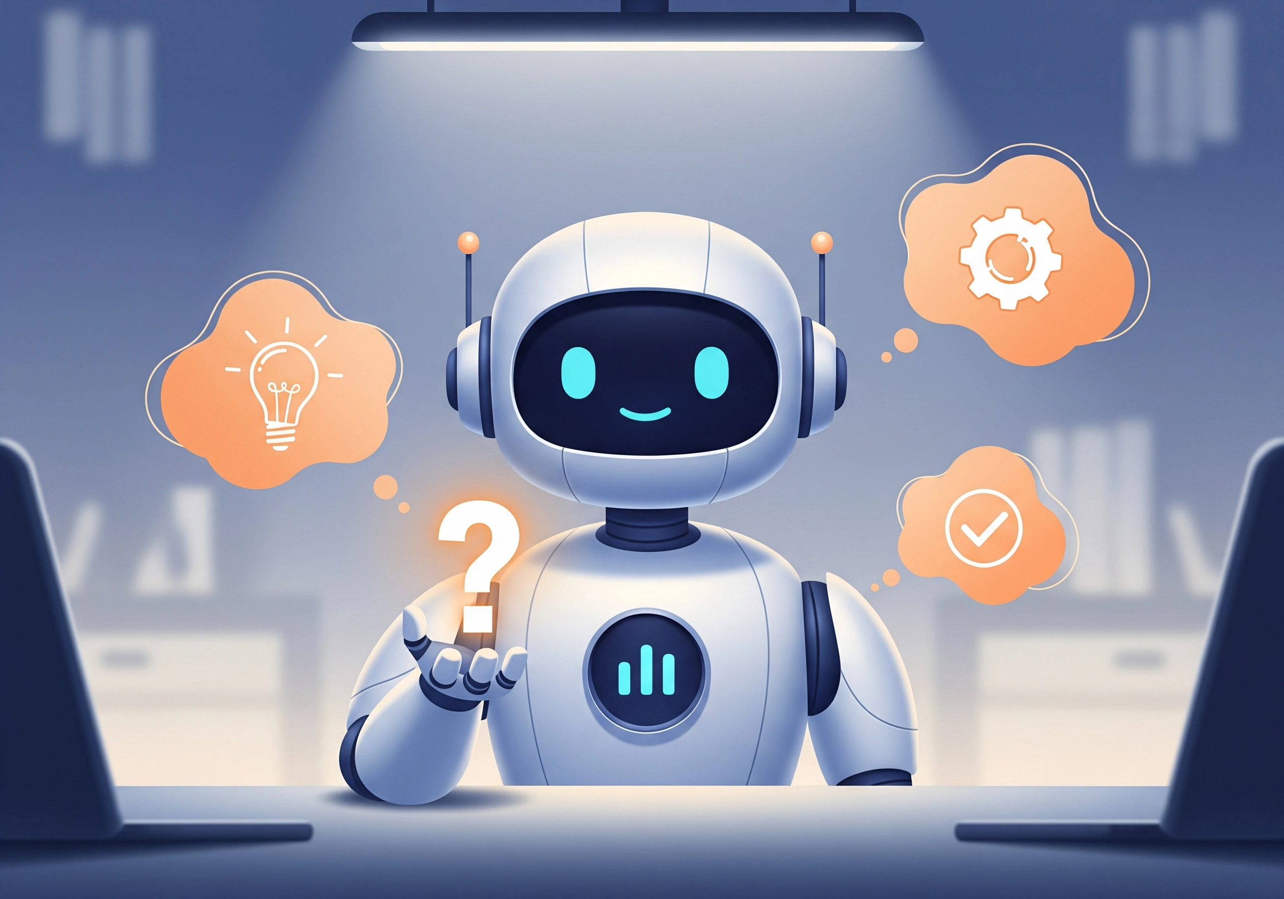 Cartoon AI robot with question mark, ideas, and copywriting automation icons.