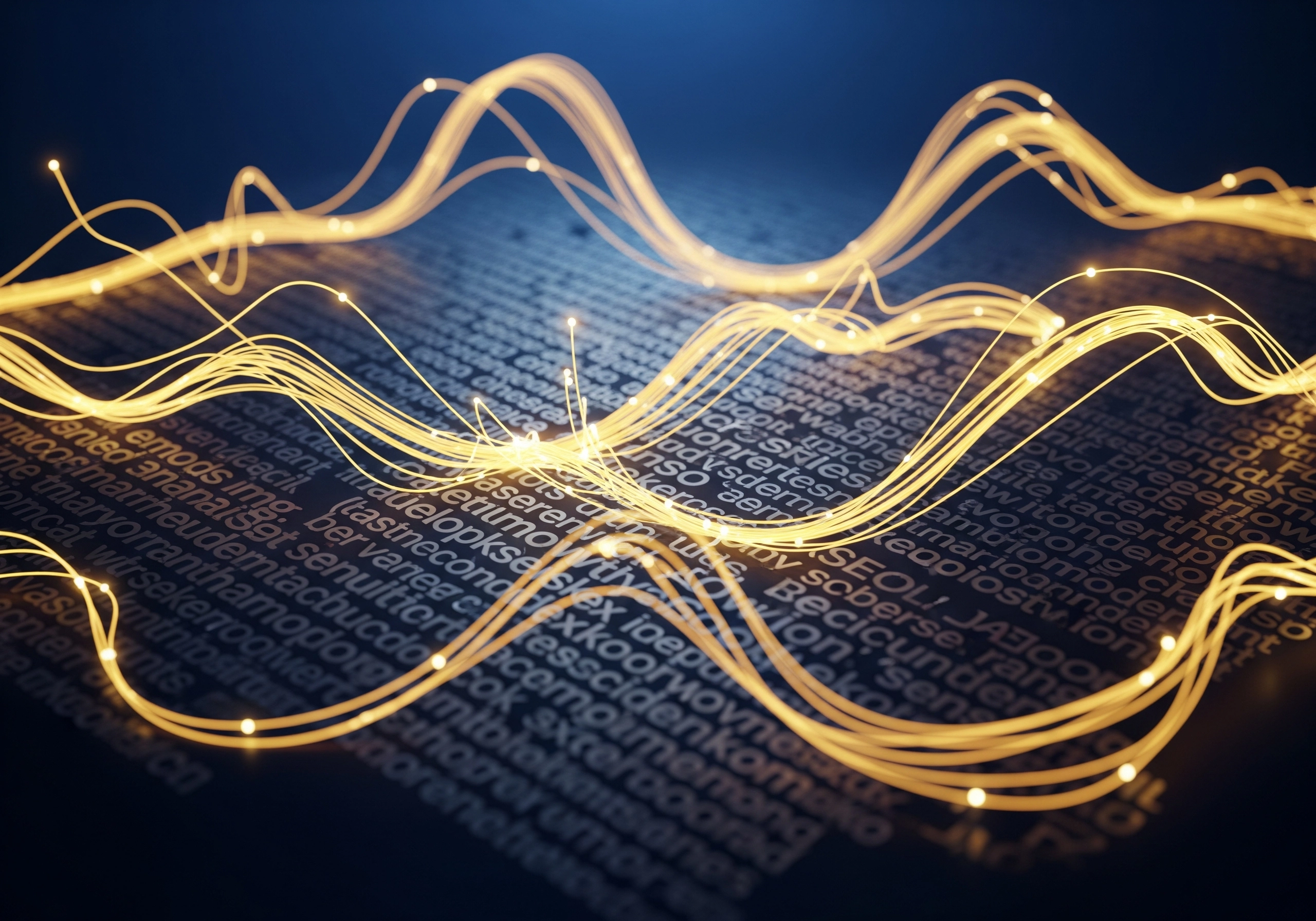 Glowing fiber optic cables over code, representing AI-powered copywriting.