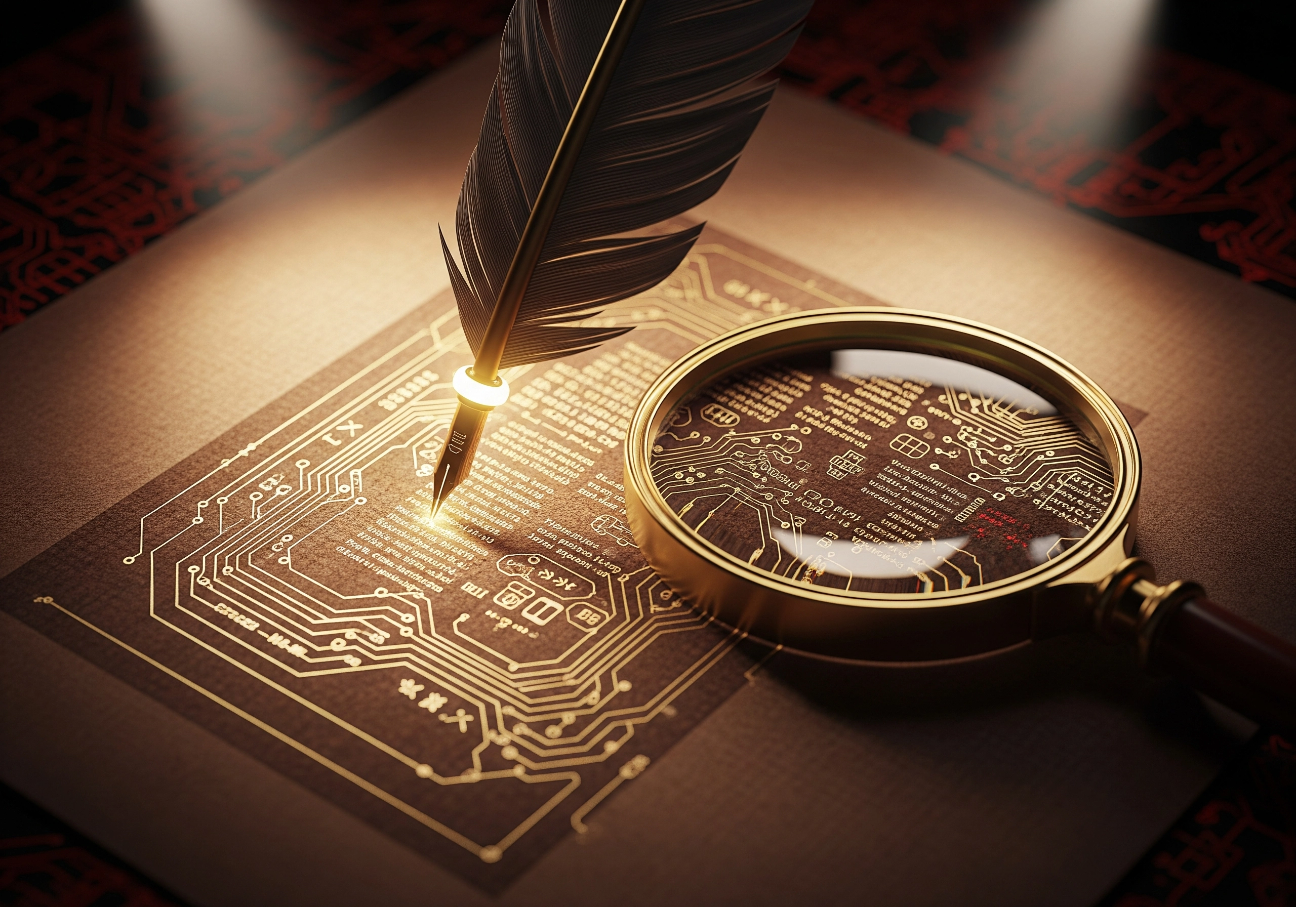 Feather quill, magnifying glass, and circuit board design for SEO copywriting AI.