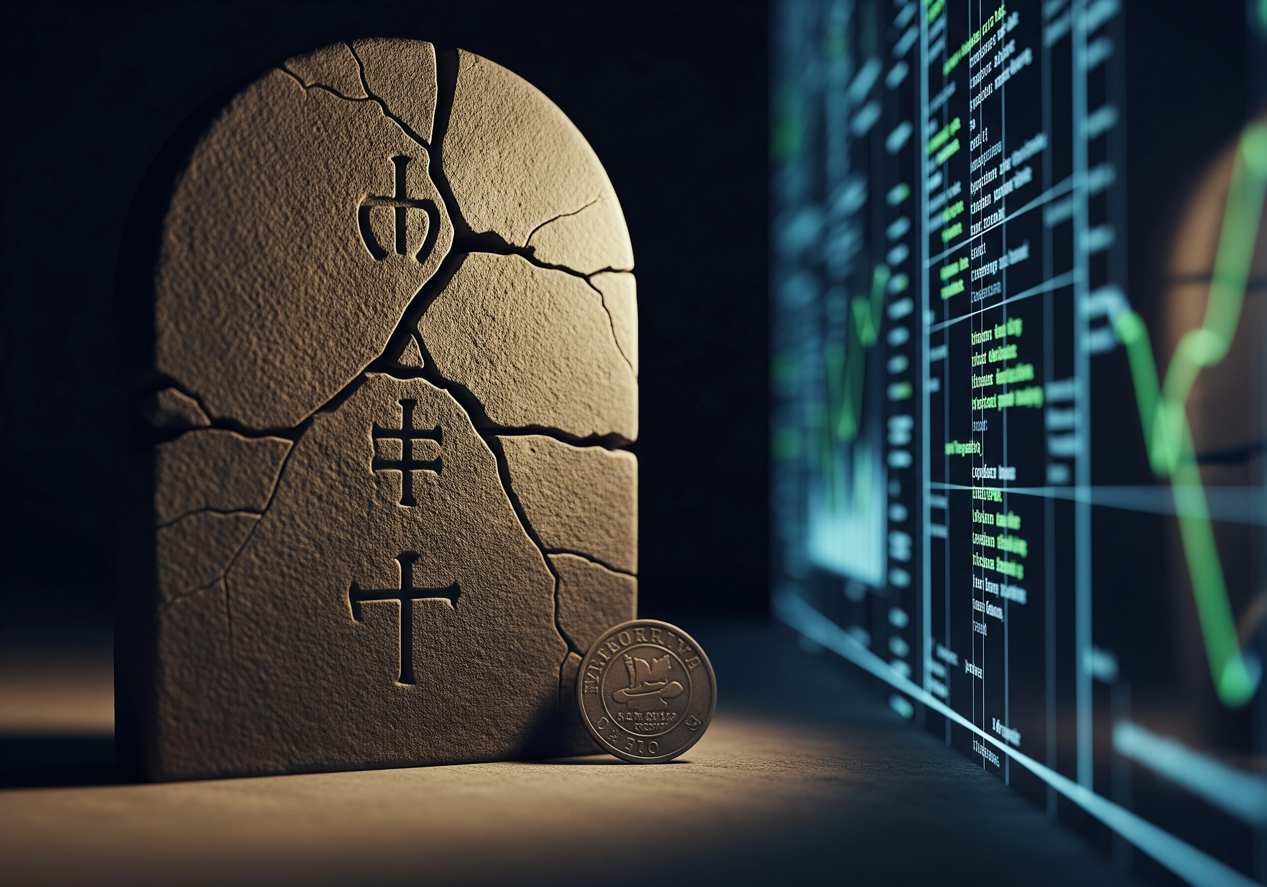 Cracked tombstone with a coin in front of a stock market chart, representing outdated AI copywriting tool