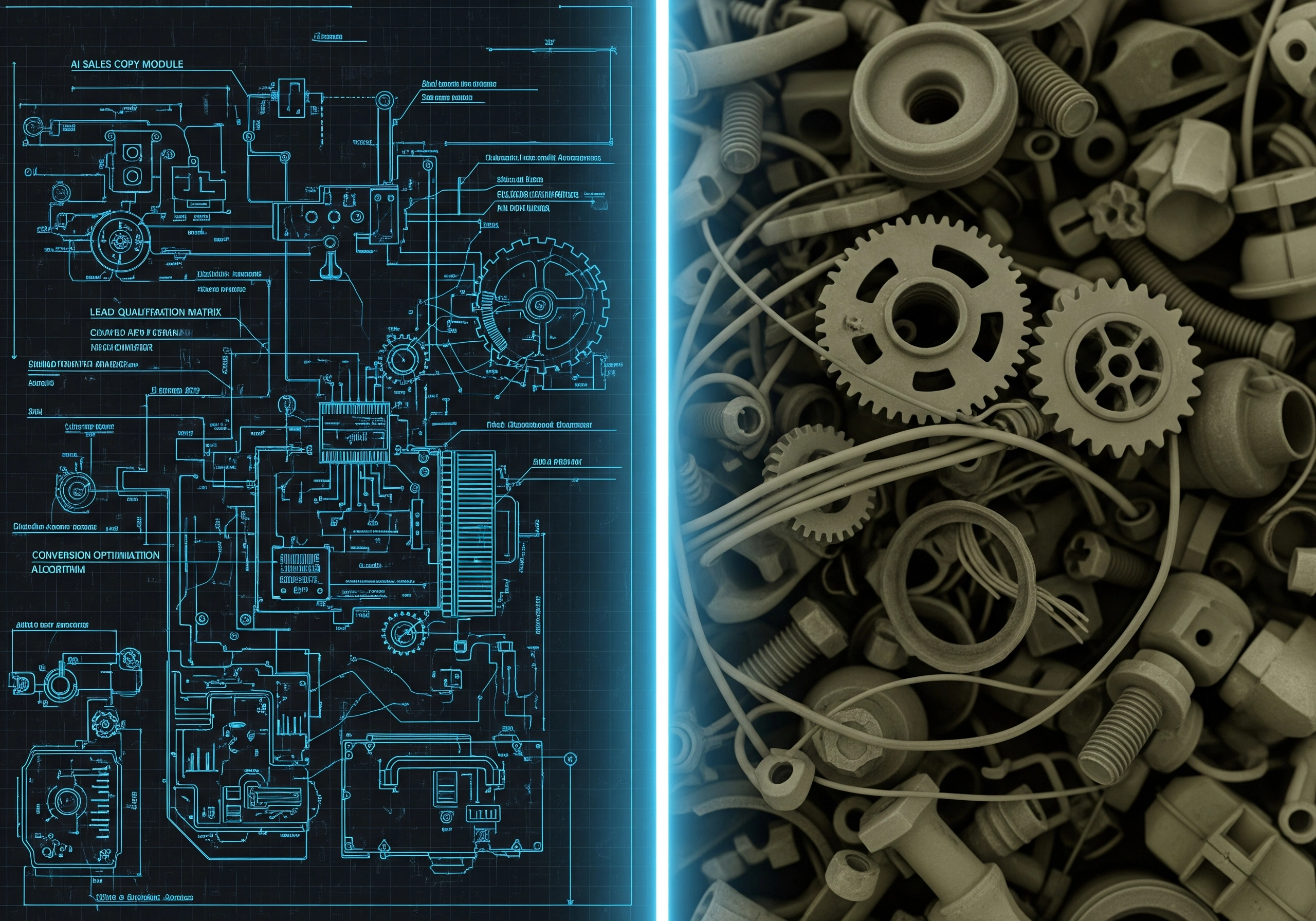 Blueprint diagram of AI sales copy module with gears and bolts, illustrating copywriting automation