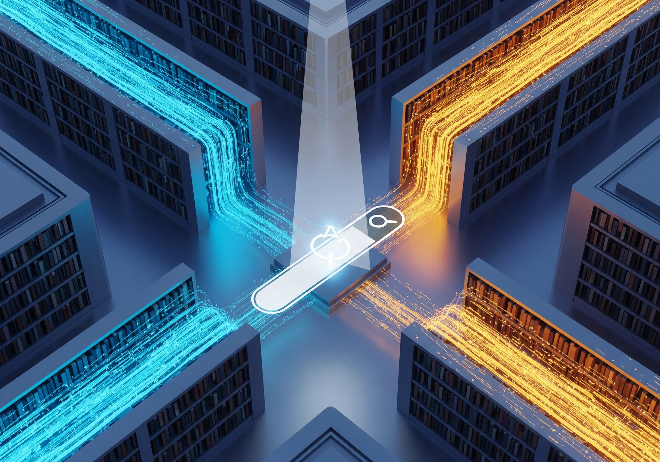 Search bar icon with blue and orange data streams, representing online AI copywriting research