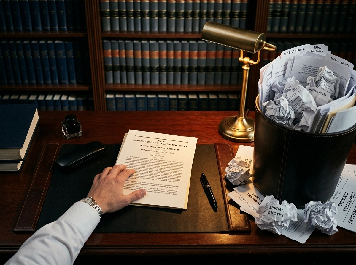 A lawyer reviewing appellate litigation documents, illustrating the complex SLP filing procedure.