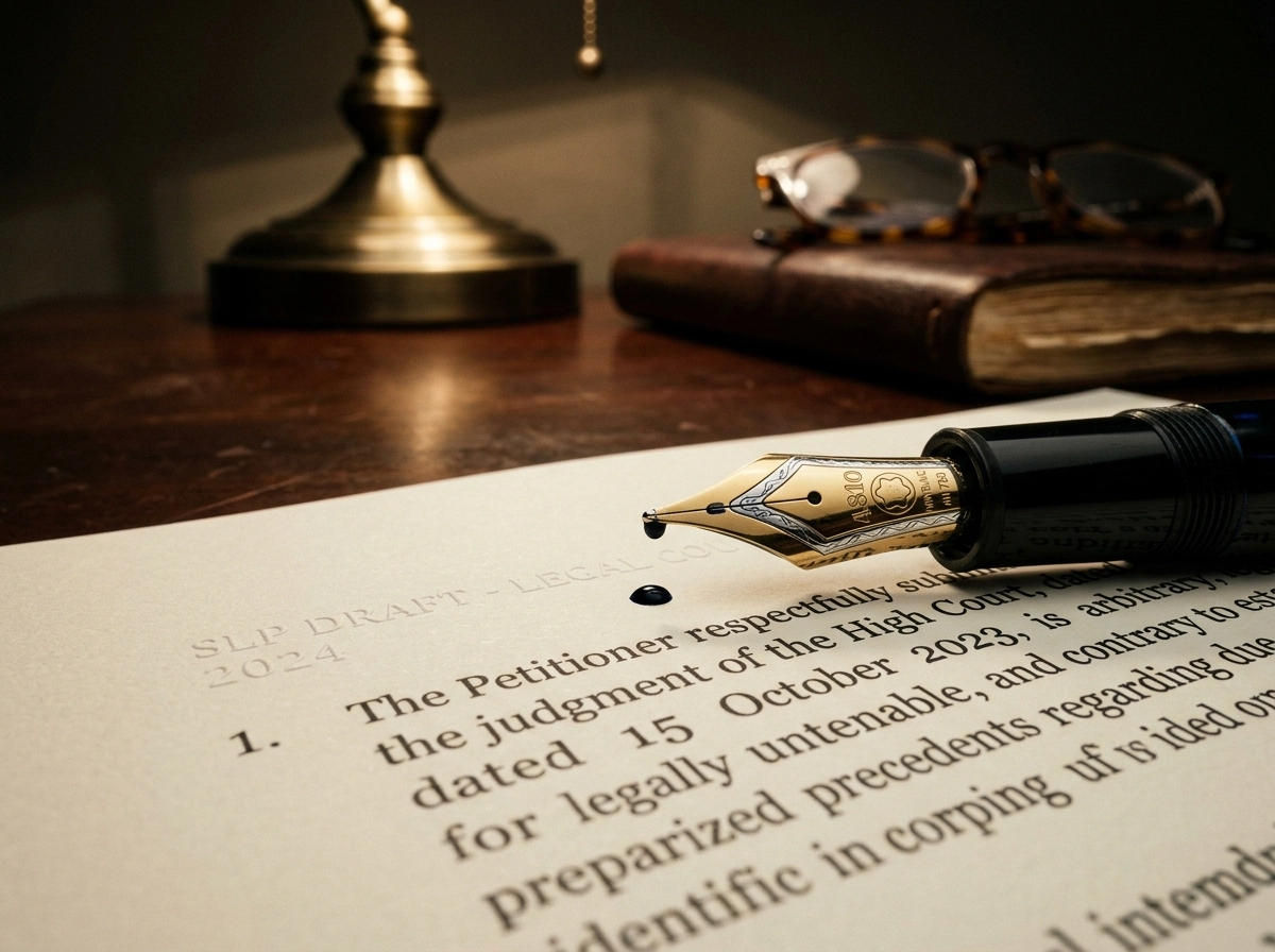 A fountain pen drafting an SLP, highlighting the precision needed for challenging High Court orders.
