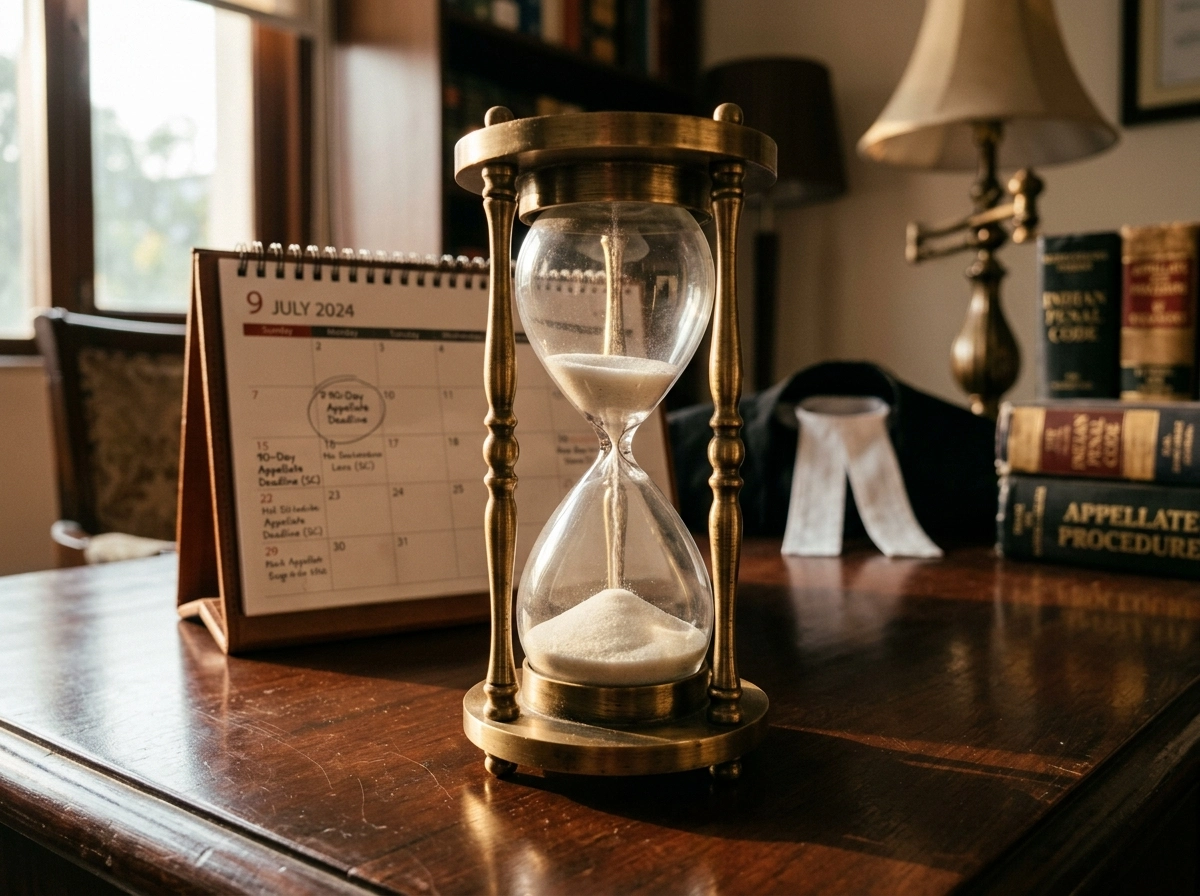 Hourglass on a desk with a calendar marking SLP filing deadlines for Supreme Court appellate litigation.